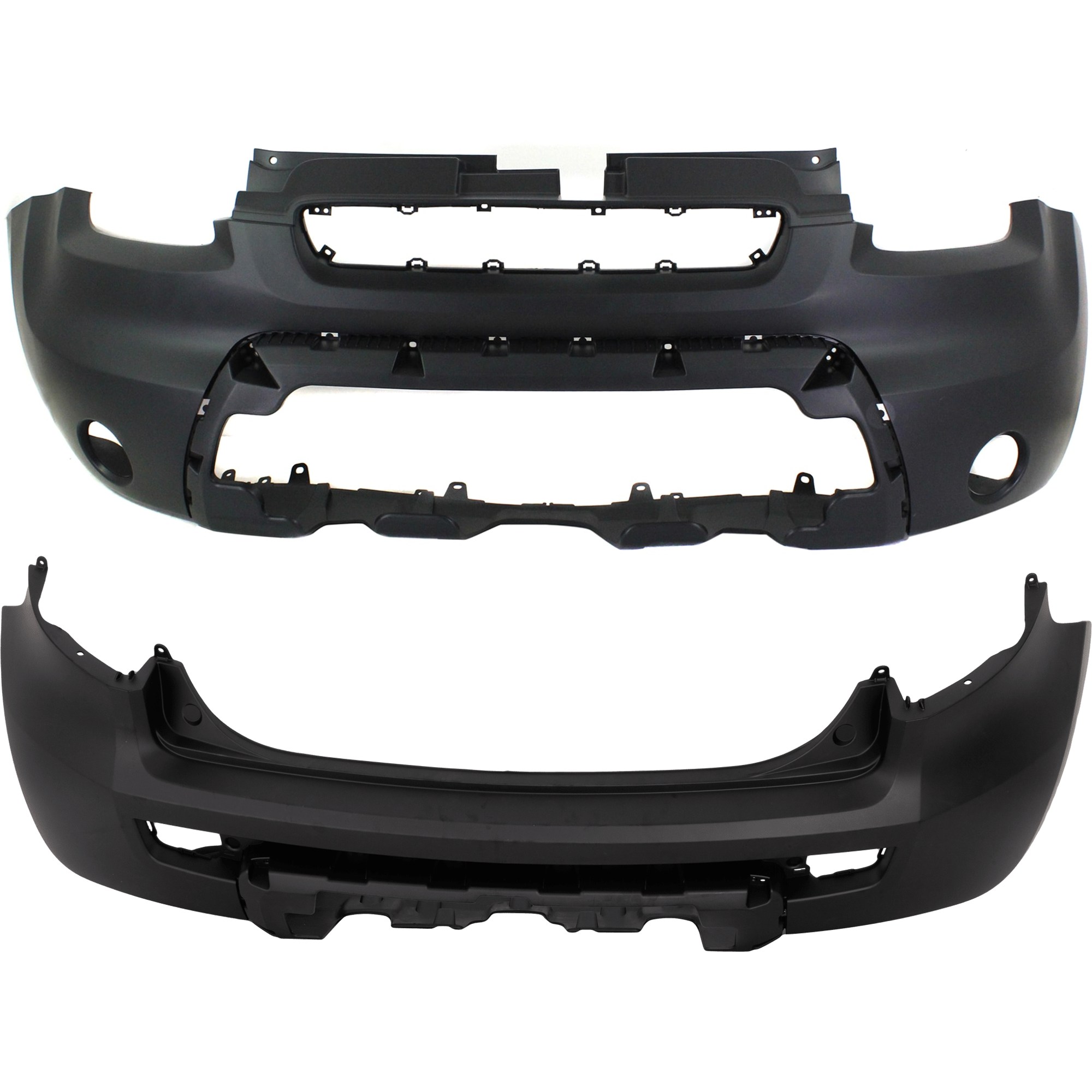 AM SOUL 10-11 FRONT AND REAR BUMPER COVER Primed 2 Piece Type A w o mounting bracket s license plate provision tow hook hole and parking aid sensor holes CAPA SKU SET REPK010307PQ B Partslink KI1000147C KI1100148C OEM 865112K000-866112K000