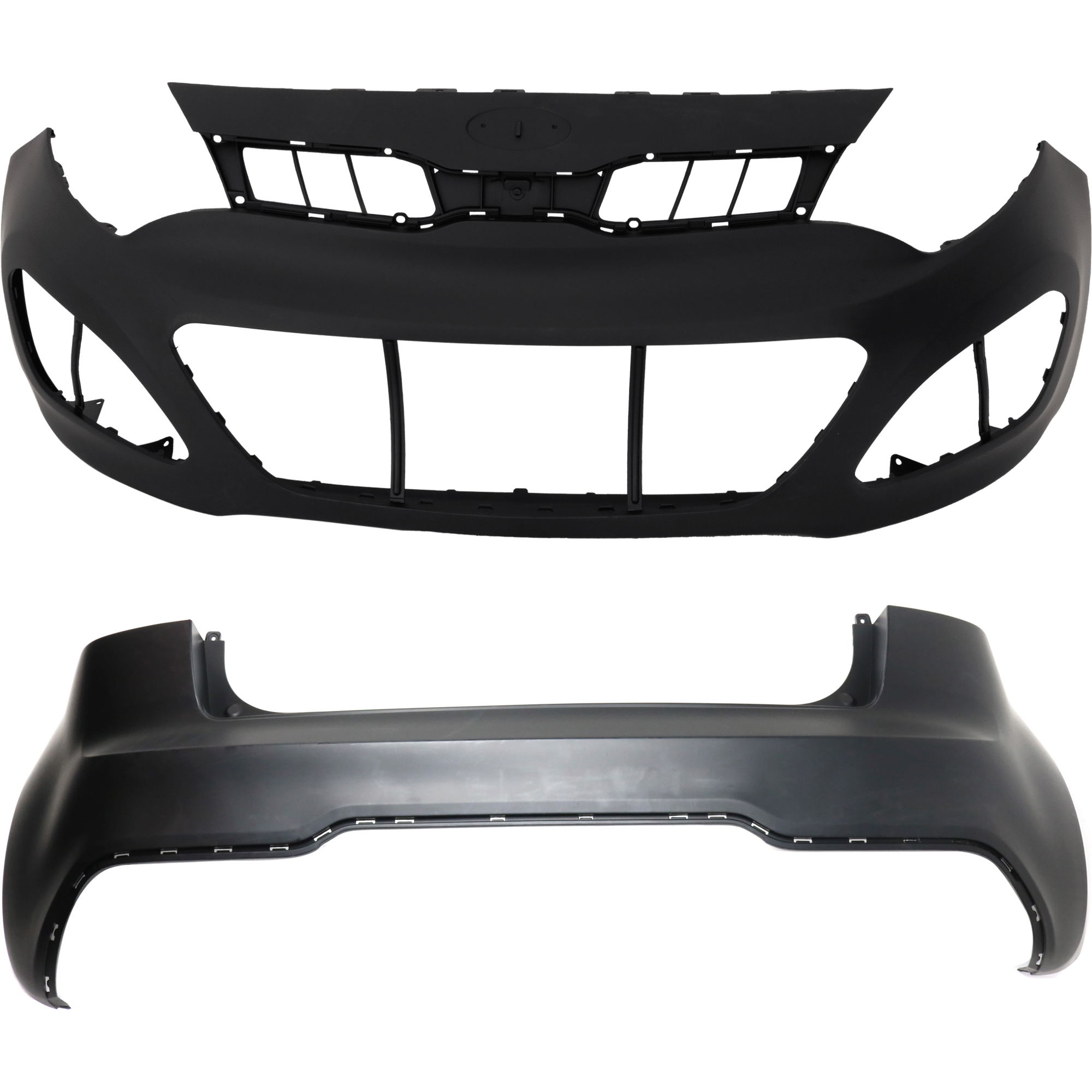 AM RIO 12-15 FRONT AND REAR BUMPER COVER Primed Hatchback w o mounting bracket s w o parking aid sensor holes CAPA SKU SET REPK010331PQ Partslink KI1000158C KI1100166C OEM 865111W200-866111W200