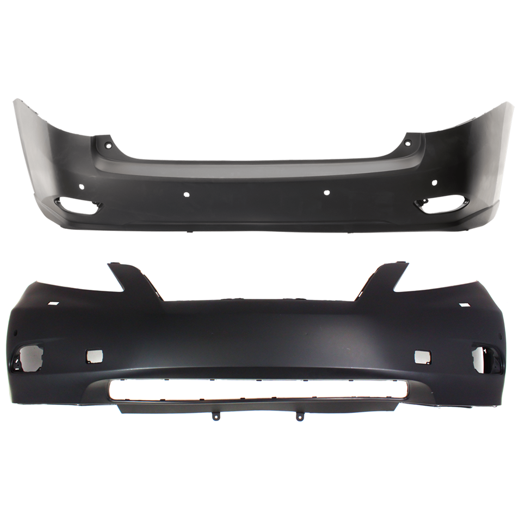 AM RX350-10-12 FRONT AND REAR BUMPER COVER Primed w Premium Pkg and parking aid sensor holes w o mounting bracket s and license plate provision Front w tow hook hole Rear w o tow hook hole SKU SET REPL010310P A
