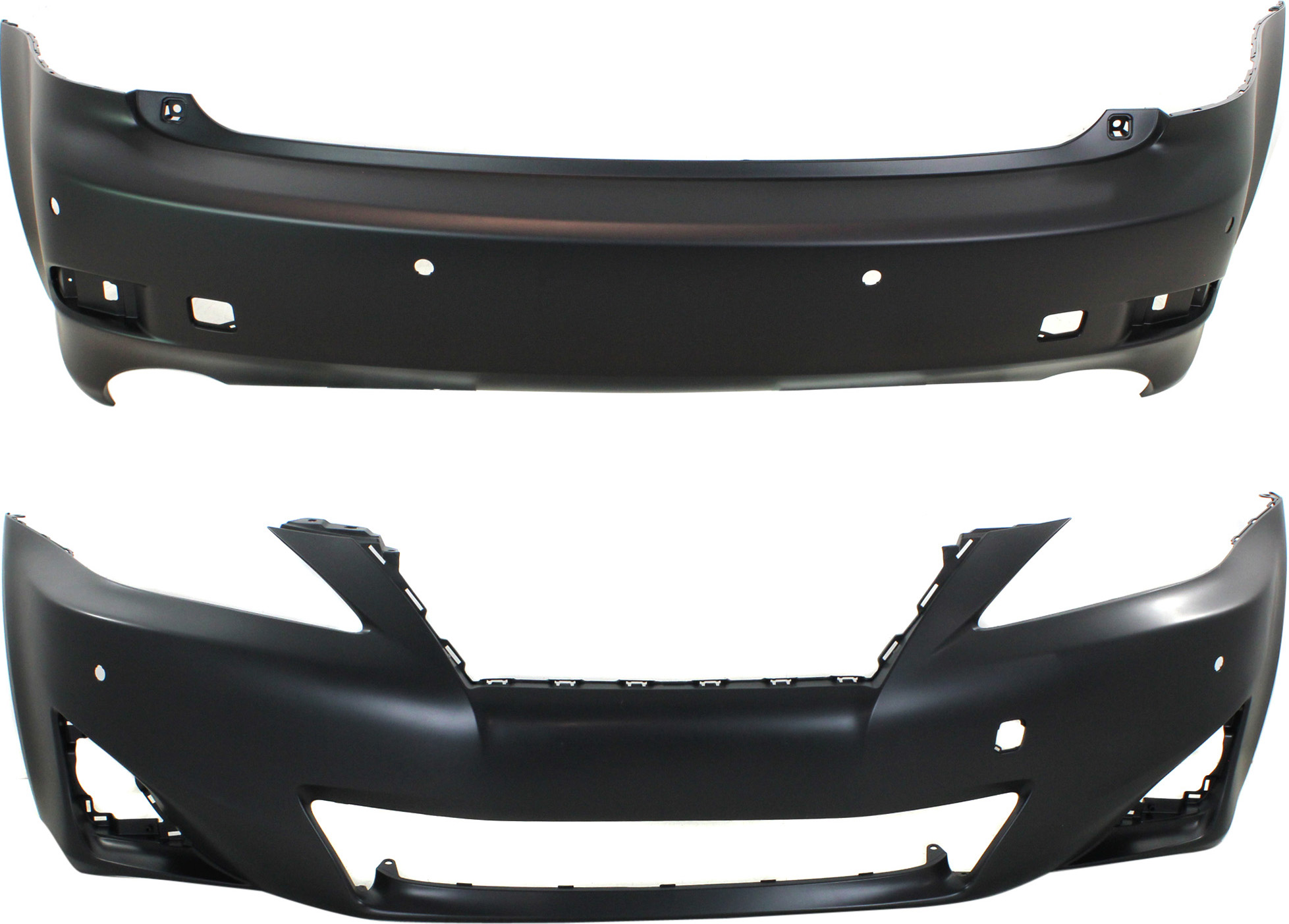 AM IS250 IS350-11-13 FRONT AND REAR BUMPER COVER Primed w PDC Snsr Holes Exc. C Model SKU SET REPL010368P 2 Partslink LX1000217 LX1100154 OEM 5211953980-5215953933