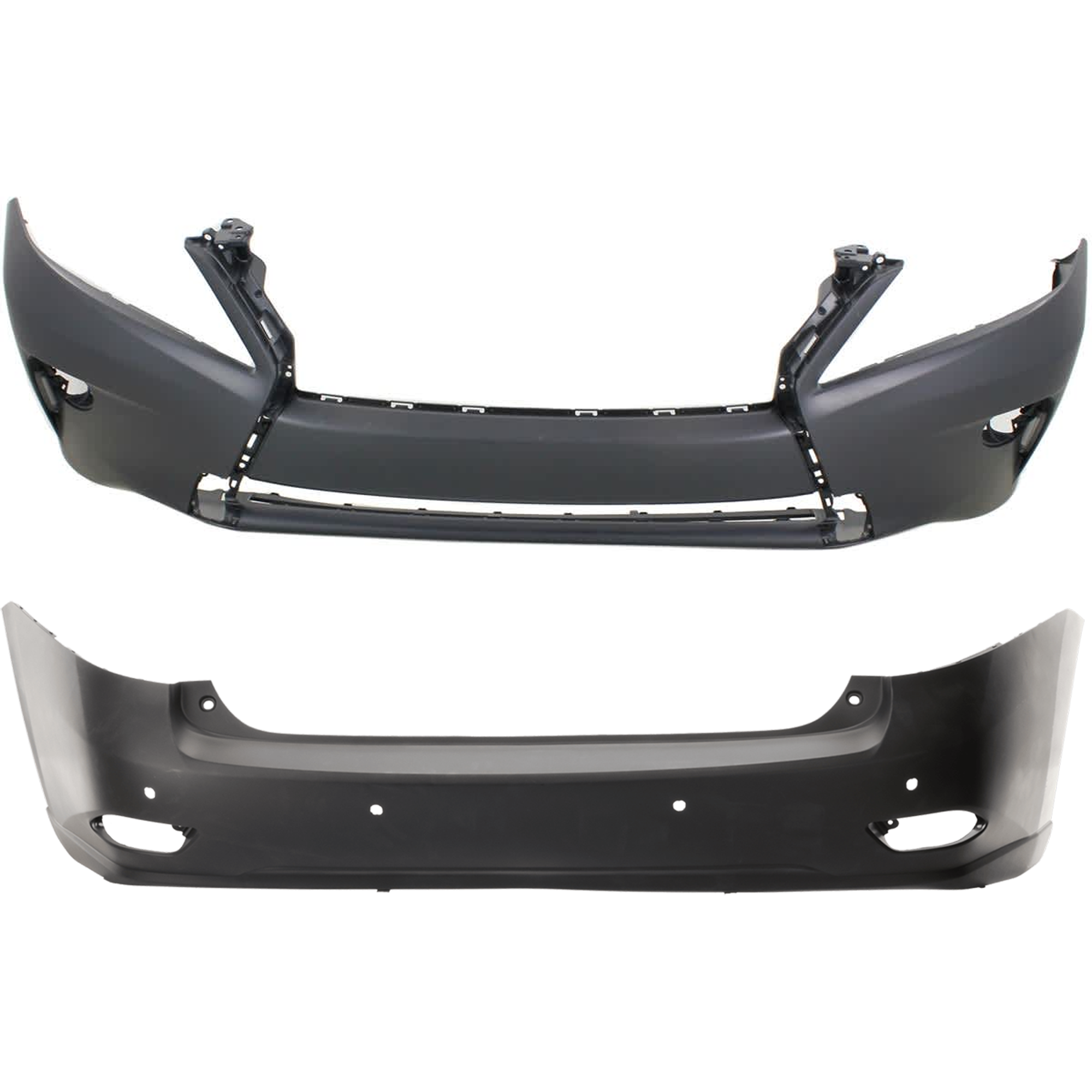 AM RX350 RX450H 13-15 FRONT AND REAR BUMPER COVER Primed w o F Sport Pkg mounting bracket s license plate provision and tow hook hole Front w o parking aid sensor holes Rear w parking aid se SKU SET REPL010379P A