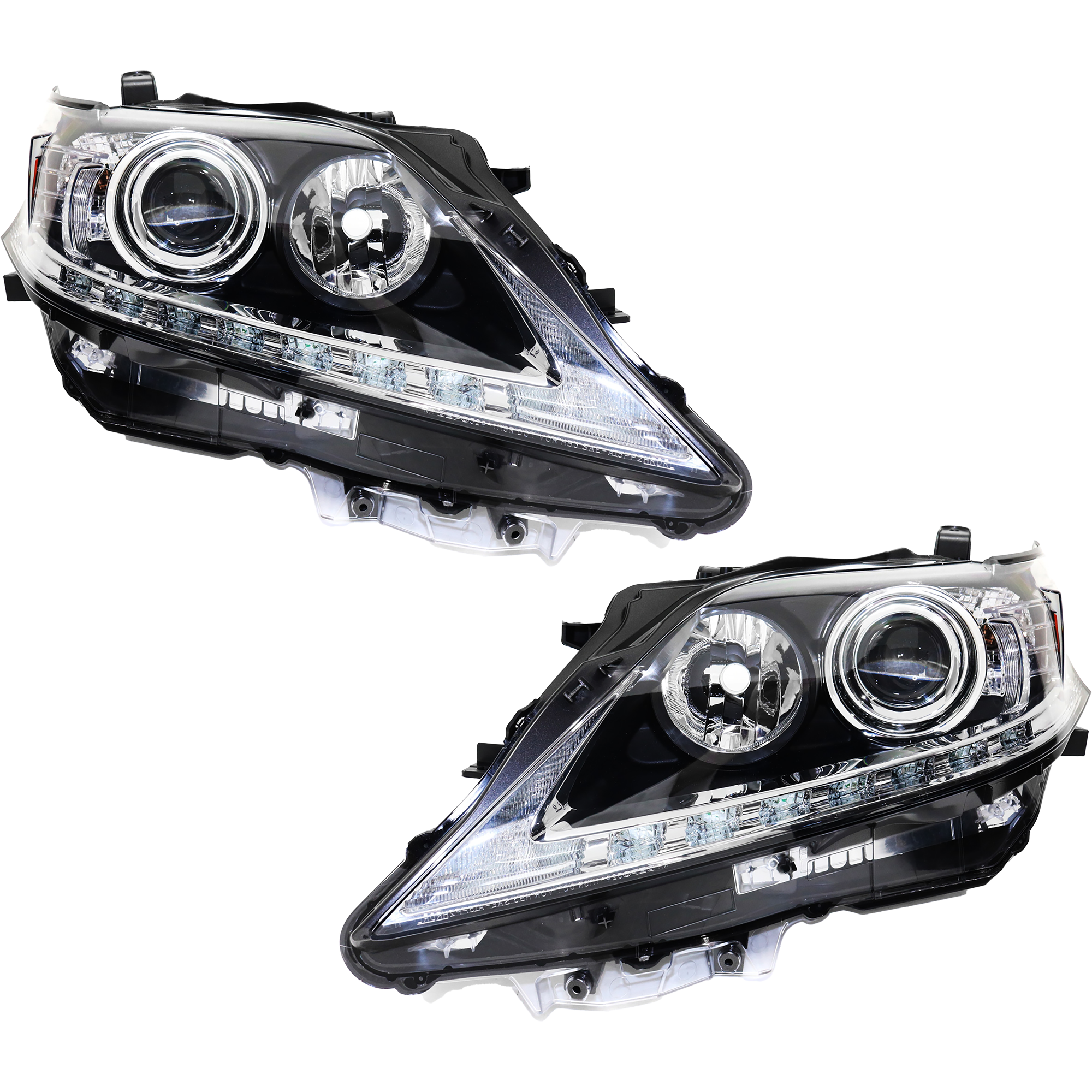 AM RX350 RX450H 13-15 HEAD LAMP RH AND LH Lens and Housing Halogen w LED DRL Japan Built SKU SET REPLX100103 Partslink LX2518138 LX2519138 OEM 8113048A80-8117048A80