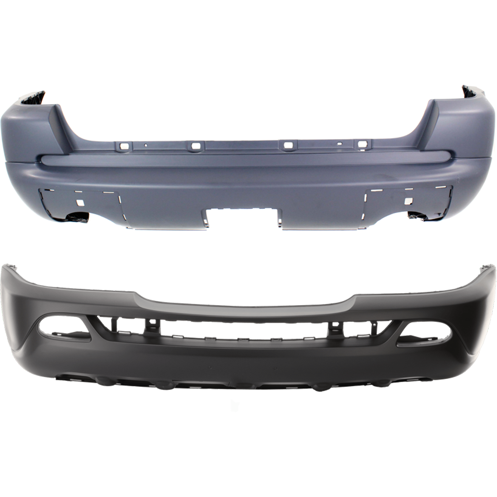 AM ML CLASS 01-05 FRONT AND REAR BUMPER COVER Primed w o HLW Parktronic Holes Trailer Coupling w Styling Pkg SKU SET REPM010307P C