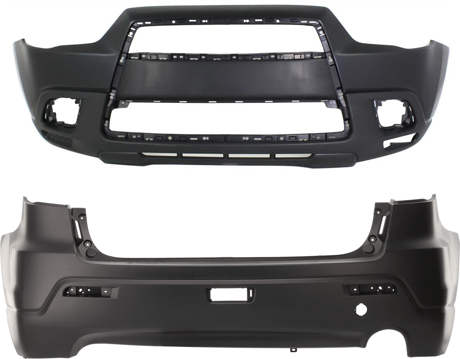 AM OUTLANDER SPORT RVR 11-12 FRONT AND REAR BUMPER COVER Primed w o Parking Aid Sensor Holes SKU SET REPM010341 Partslink MI1000331 MI1100296 OEM 6400D427-6410C027