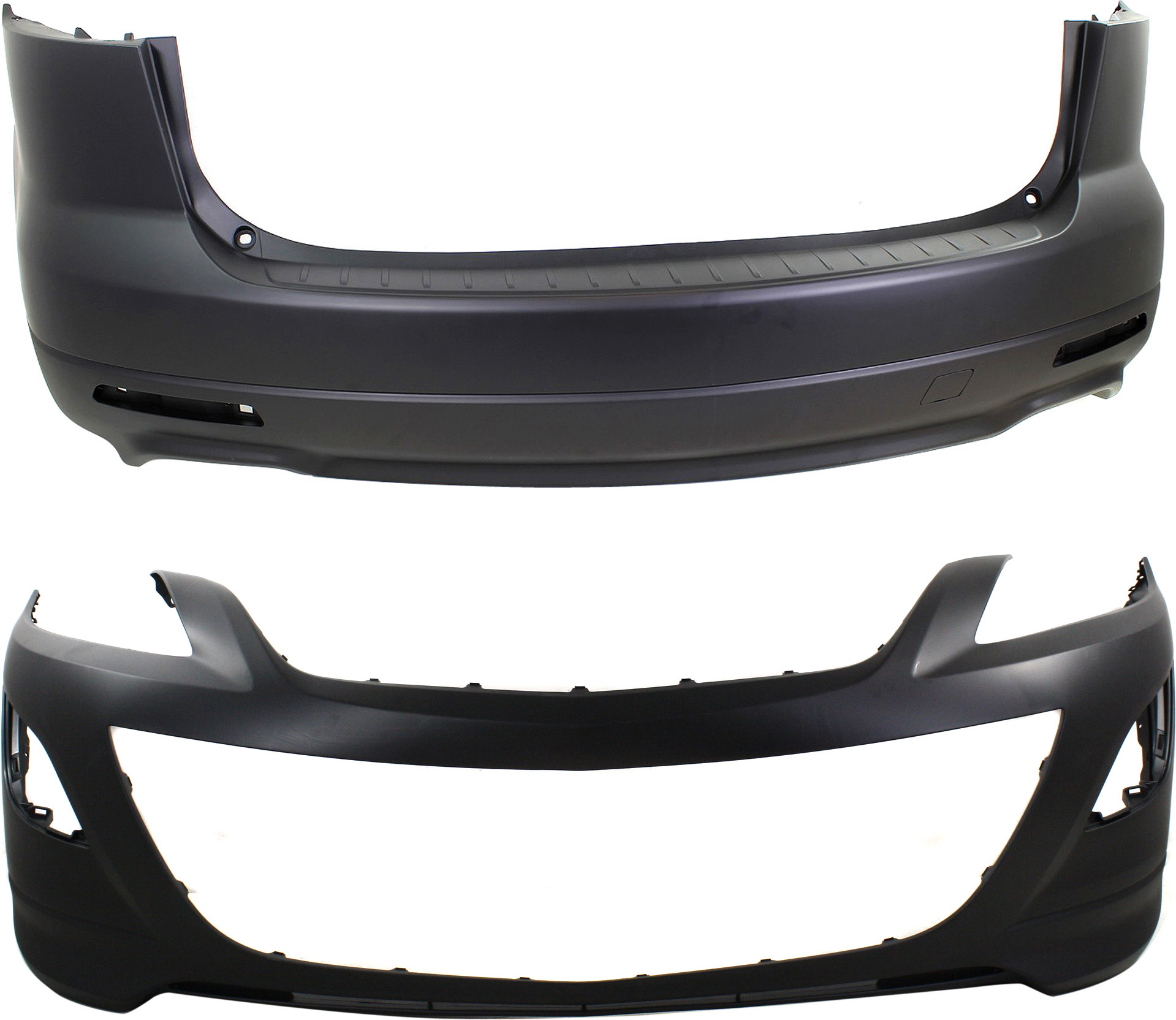 AM CX 9-10-12 FRONT AND REAR BUMPER COVER Primed SKU SET REPM010345P 2 Partslink MA1000225 MA1100191 OEM TE6950031ABB TD1150221KBB