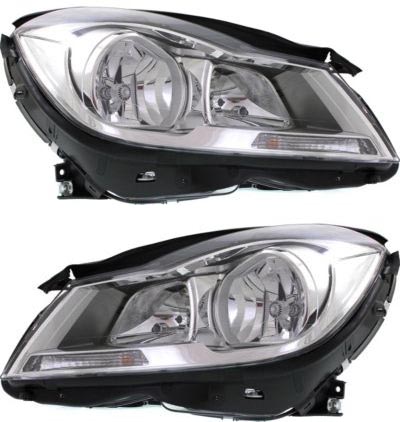 AM C CLASS 12-14 HEAD LAMP RH AND LH Assembly Chrome Interior Halogen w o Corner Light Sedan SKU SET REPM100385 Partslink MB2503187 MB2502187 OEM 2048205459-2048205359