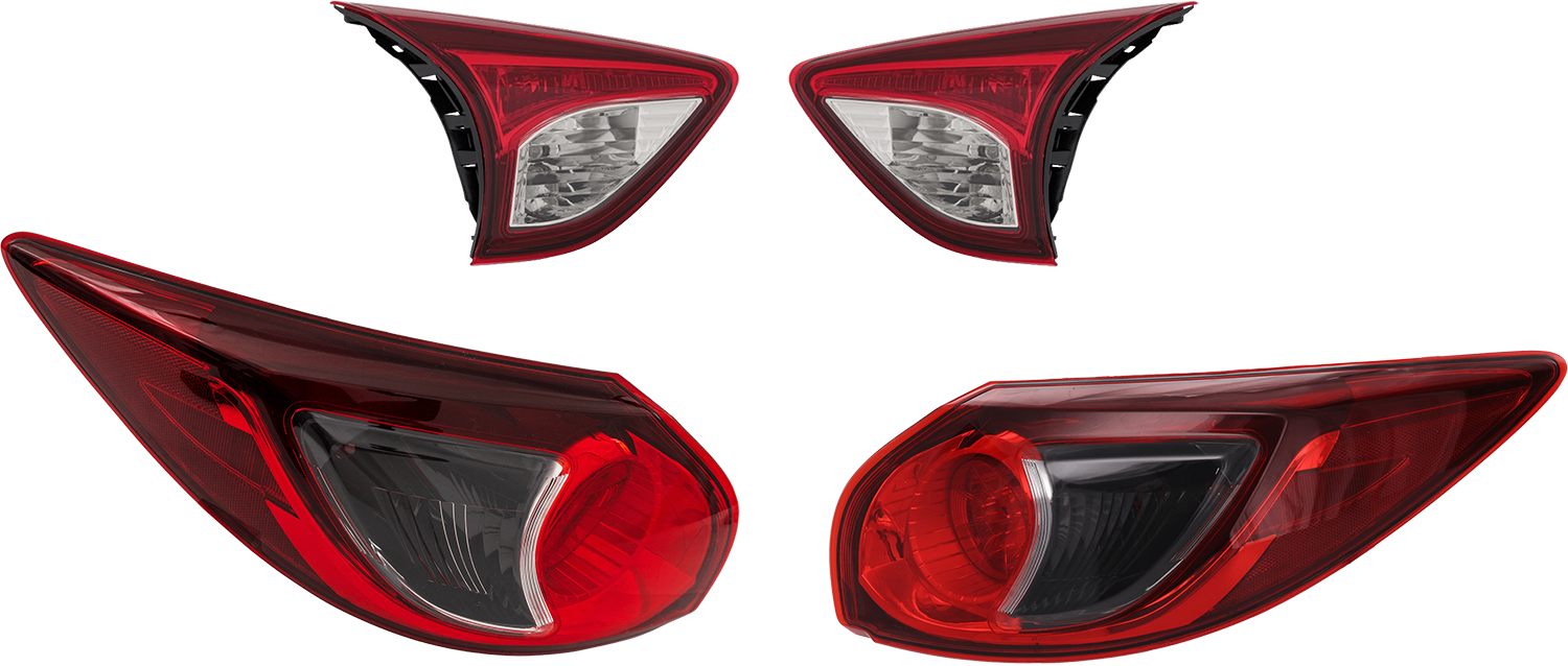 AM CX 5-13-16 TAIL LAMP RH AND LH Inner and Outer Assembly Halogen CAPA SKU SET REPM730305Q 4 Partslink MA2802108C MA2803108C MA2804111C MA2805111C OEM KD3351150D KD3351160D KD53513F