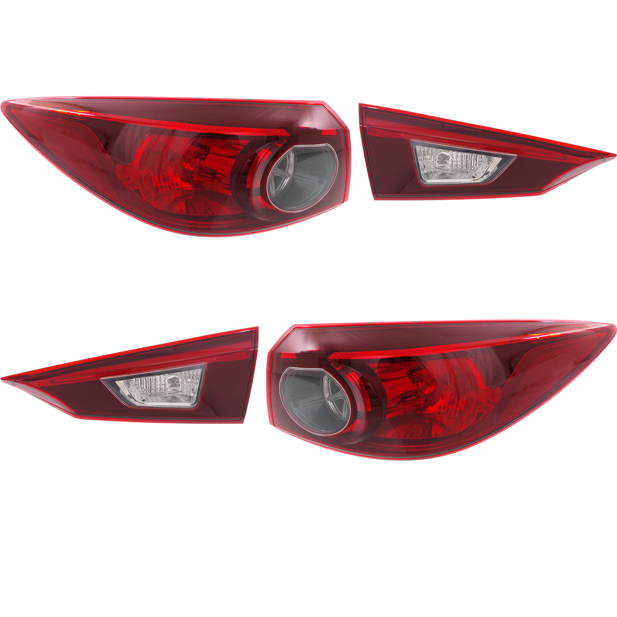 AM MAZDA 3-14-18 TAIL LAMP RH AND LH Inner and Outer Inner Lens and Housing Outer Assembly Halogen CAPA SKU SET REPM730367Q 4 Partslink MA2802112C MA2803112C MA2804117C MA2805117C OEM B45A513F0 B45A513G0 BHN151150B