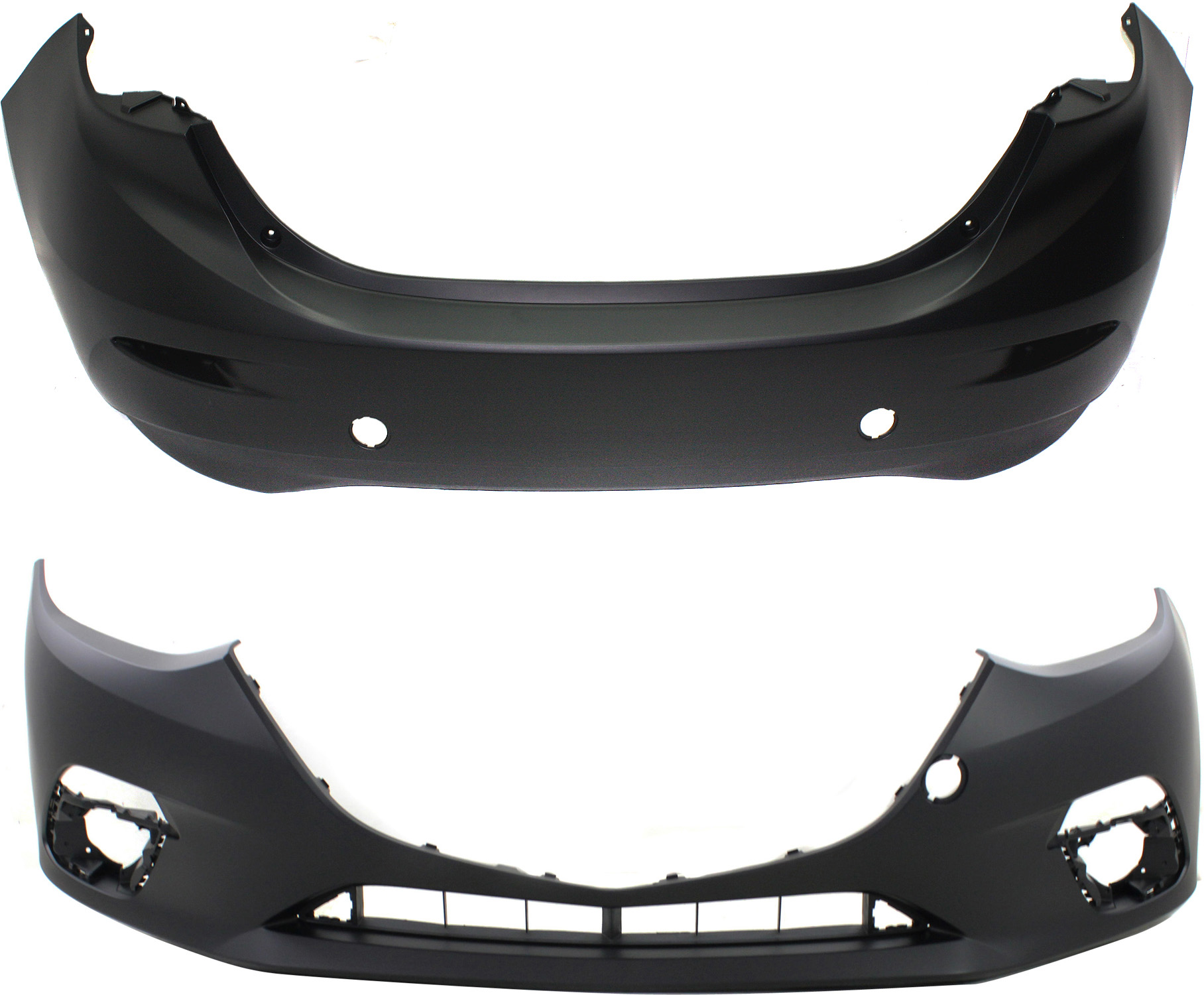 AM MAZDA 3-14-16 FRONT AND REAR BUMPER COVER Primed Sedan SKU SET REPM760152P 2 Partslink MA1000239 MA1100215 OEM BJS750031ABB BJS750221ABB