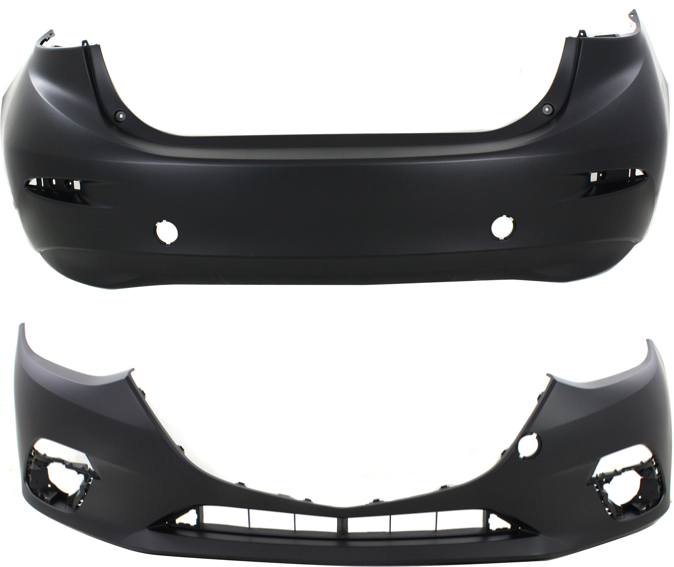 AM MAZDA 3-14-16 FRONT AND REAR BUMPER COVER Primed Sedan CAPA SKU SET REPM760152PQ 2 Partslink MA1000239C MA1100215C OEM BJS750031ABB BJS750221ABB