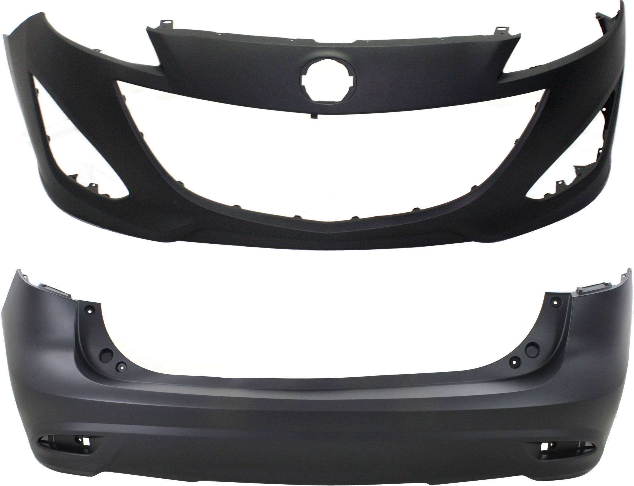 AM MAZDA 5-12-17 FRONT AND REAR BUMPER COVER Primed Rear Bumper w o Parking Aid Snsr Holes SKU SET REPM760193P 2 Partslink MA1000234 MA1100208 OEM C51350031BBB C51350221EBB