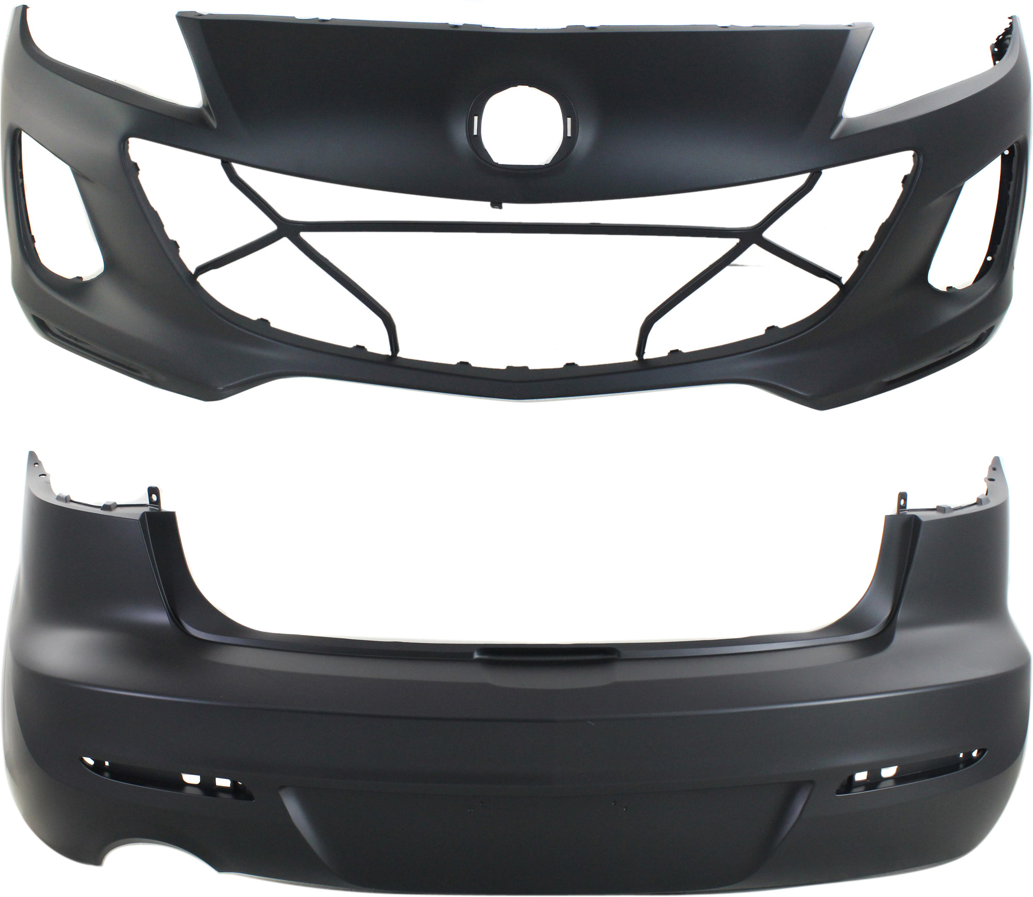 AM MAZDA 3-12-13 FRONT AND REAR BUMPER COVER Primed 2.0L Eng Sedan SKU SET REPMZ010302P 2 Partslink MA1000235 MA1100209 OEM BCW750221JBB BGV450031EBB