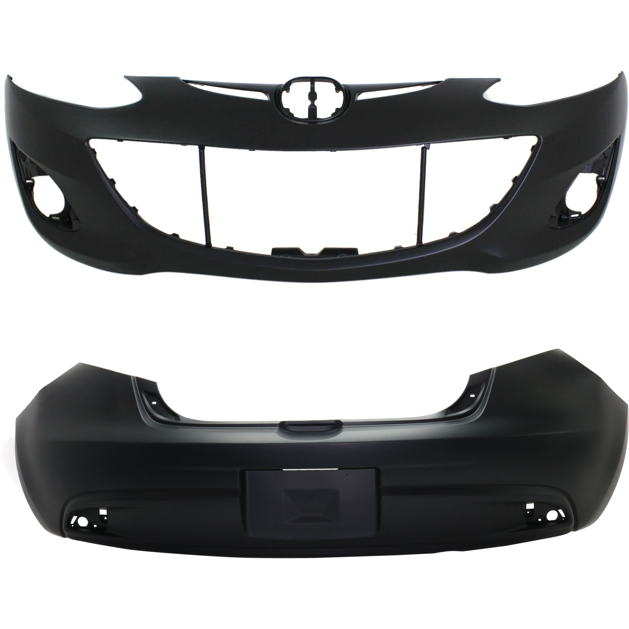 AM MAZDA 2-11-14 FRONT AND REAR BUMPER COVER Primed w o mounting bracket s license plate provision tow hook hole and parking aid sensor holes CAPA SKU SET REPMZ010304PQ Partslink MA1000233C MA1100205C OEM DR6150031EBB DR6150221DBB