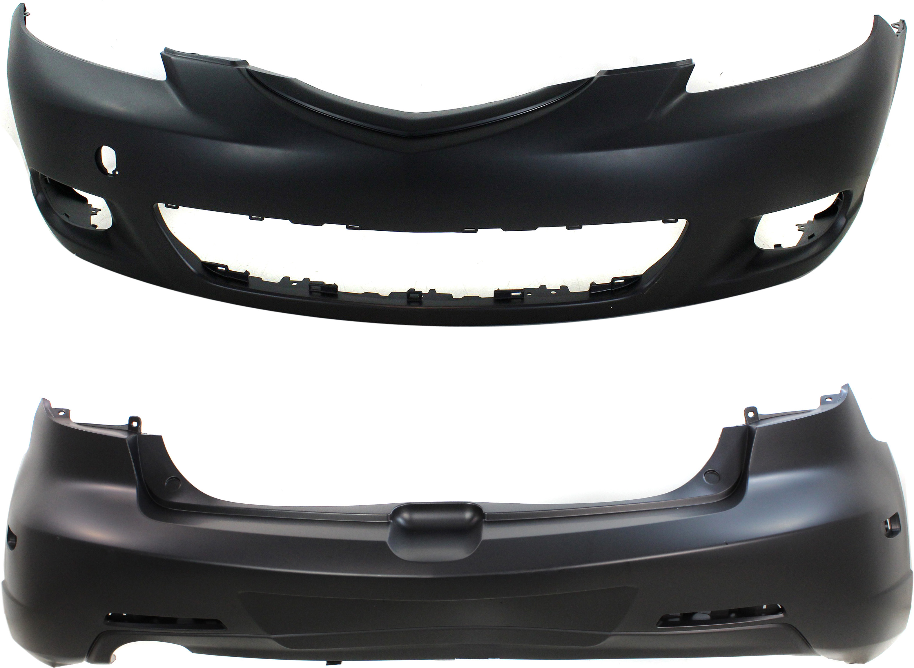 AM MAZDA 3-04-06 FRONT AND REAR BUMPER COVER Primed Hatchback SKU SET REPMZ010306P 2 Partslink MA1000195 MA1100173 OEM BN8F50031DBB BN8F50221LBB