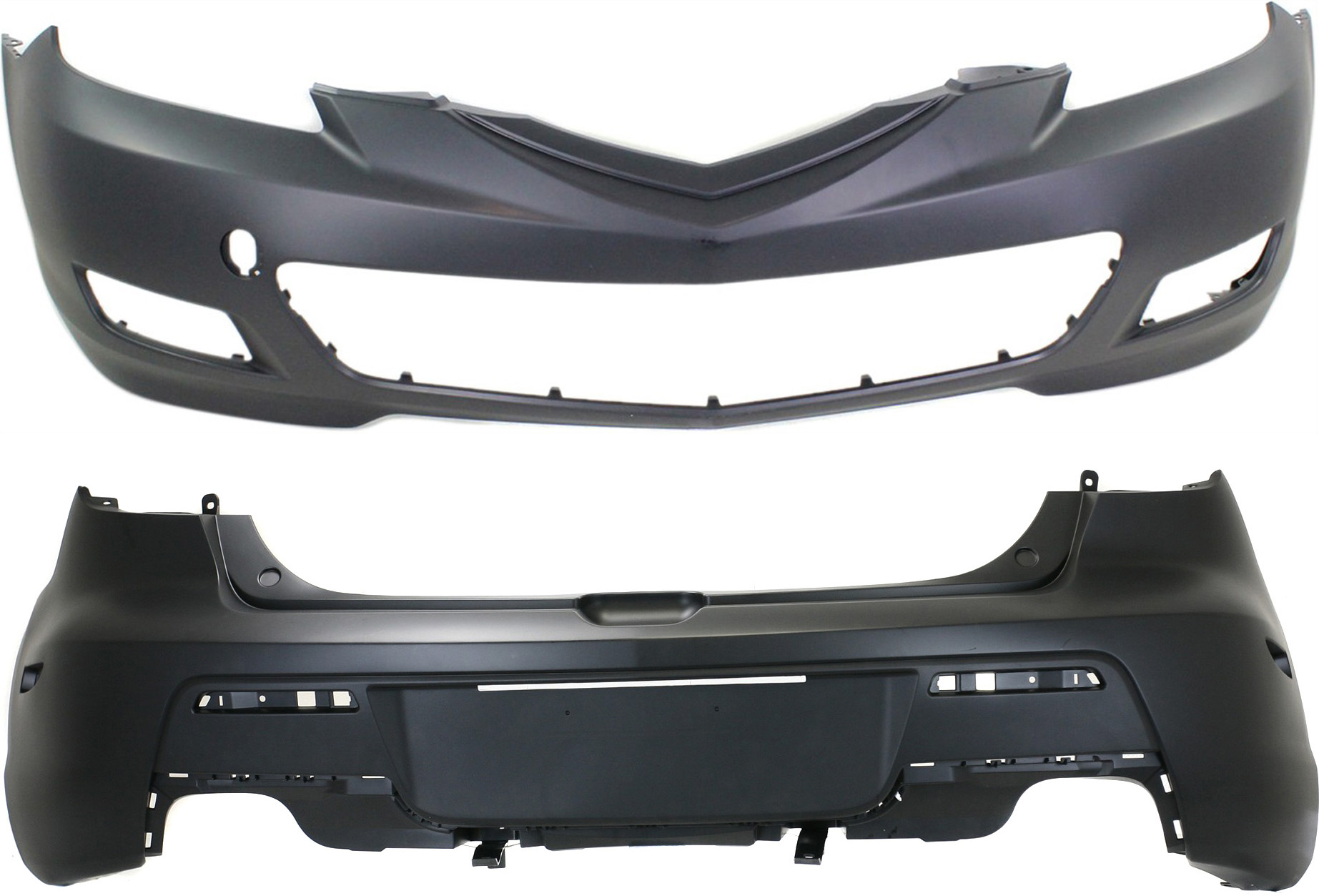 AM MAZDA 3-07-09 FRONT AND REAR BUMPER COVER Primed Hatchback SKU SET REPMZ010307P 2 Partslink MA1000213 MA1100189 OEM BA6R50221EBB BAP850031DBB