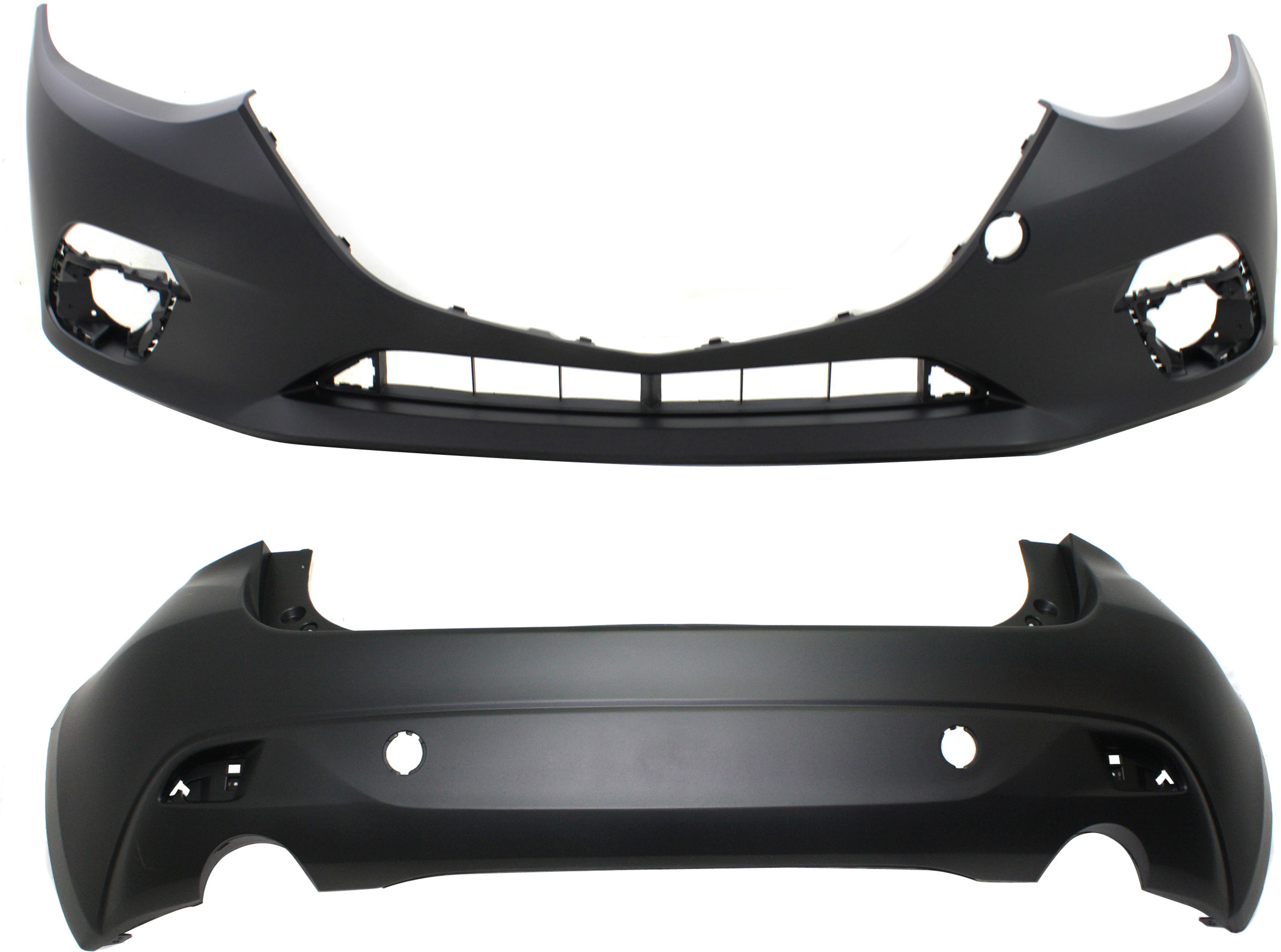 AM MAZDA 3-14-16 FRONT AND REAR BUMPER COVER w Tow Hook Hole Primed Hatchback SKU SET REPMZ010312P 2 Partslink MA1000239 MA1100216 OEM BJS750031ABB BJT650221ABB