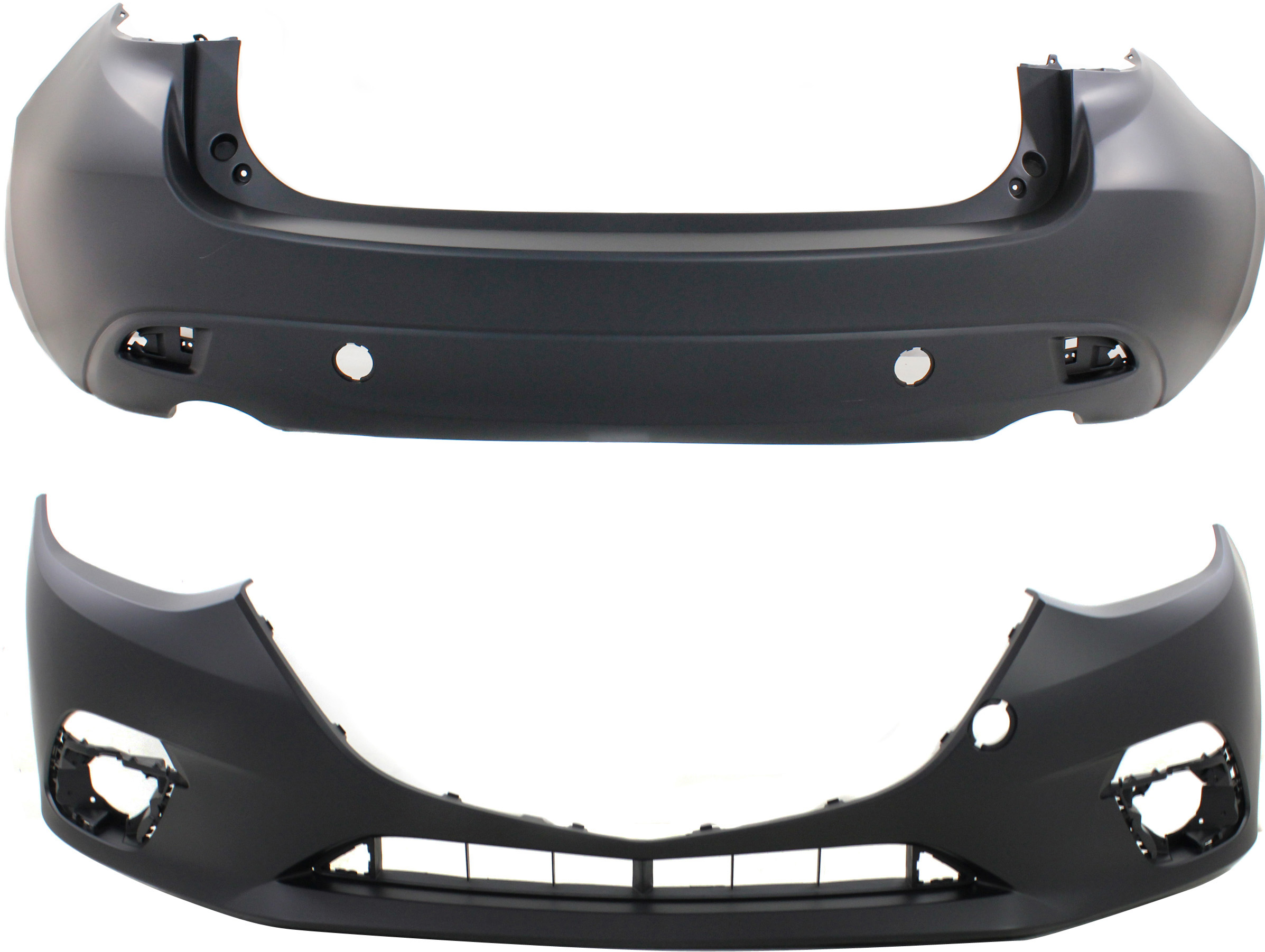 AM MAZDA 3-14-16 FRONT BUMPER COVER Primed w Tow Hook Hole Hatchback CAPA SKU SET REPMZ010312PQ 2 Partslink MA1000239C MA1100216C OEM BJS750031ABB BJT650221ABB
