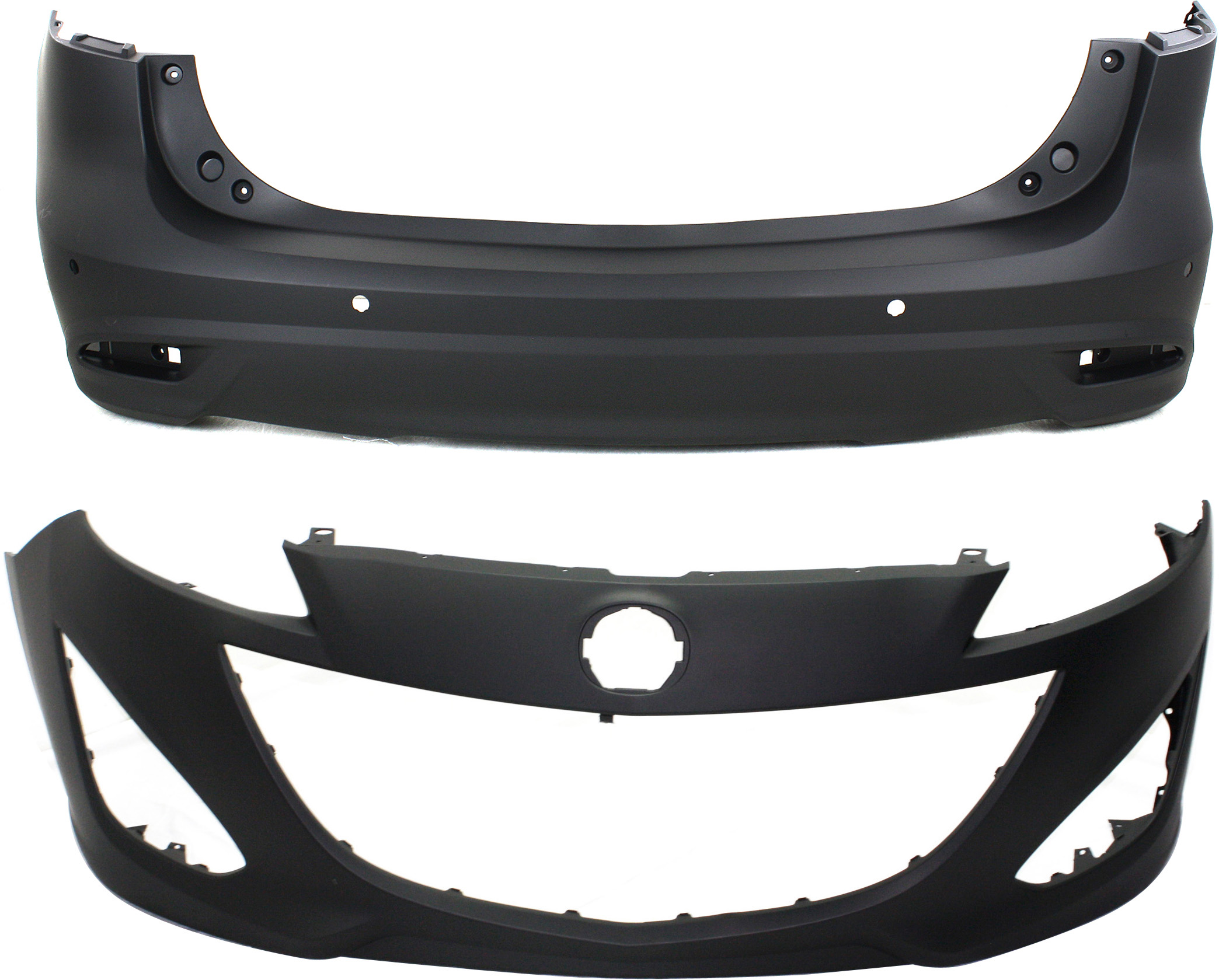 AM MAZDA 5-12-17 FRONT AND REAR BUMPER COVER Primed Rear Bumper w Parking Aid Snsr Holes SKU SET REPMZ010314P 2 Partslink MA1000234 MA1100212 OEM C51350031BBB CG1550221EBB