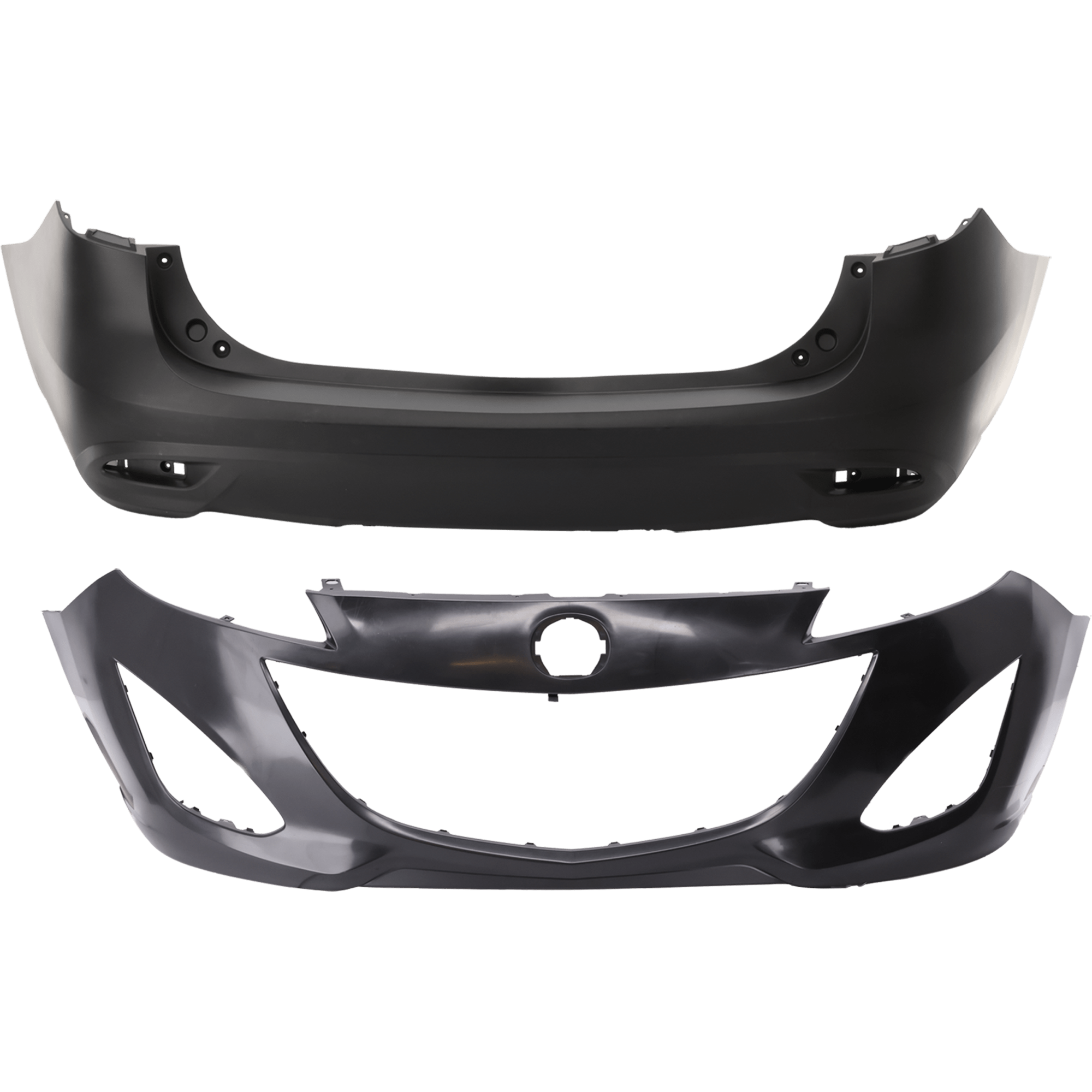 AM MAZDA 5-12-17 FRONT AND REAR BUMPER COVER Primed w o mounting bracket s and parking aid sensor holes CAPA SKU SET REPMZ010314PQ B Partslink MA1000234C MA1100208C OEM C51350031BBB C51350221EBB