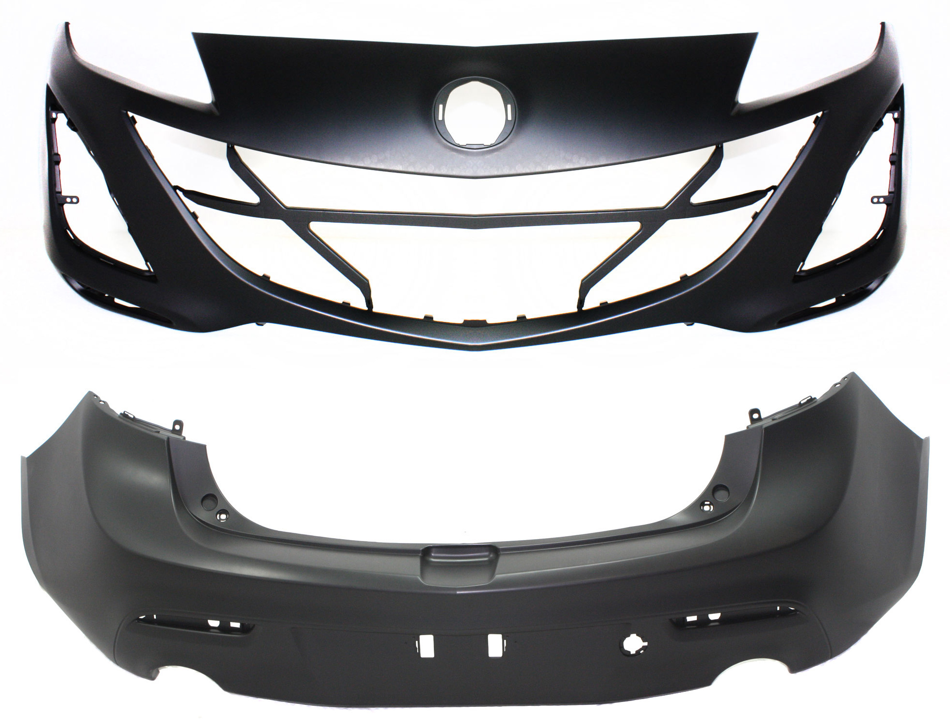 AM MAZDA 3-10-11 FRONT AND REAR BUMPER COVER Primed 2.3-2.5L Eng Hatchback SKU SET REPMZ760104P 2 Partslink MA1000224 MA1100204 OEM BBN250031KBB BBN950221GBB