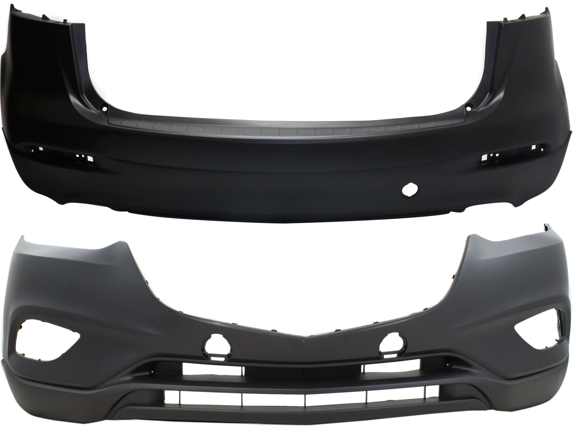 AM CX 9-13-14 FRONT AND REAR BUMPER COVER Primed CAPA SKU SET REPMZ760105PQ 2 Partslink MA1000237C MA1100214C OEM TK2150031DBB TK2150221BB