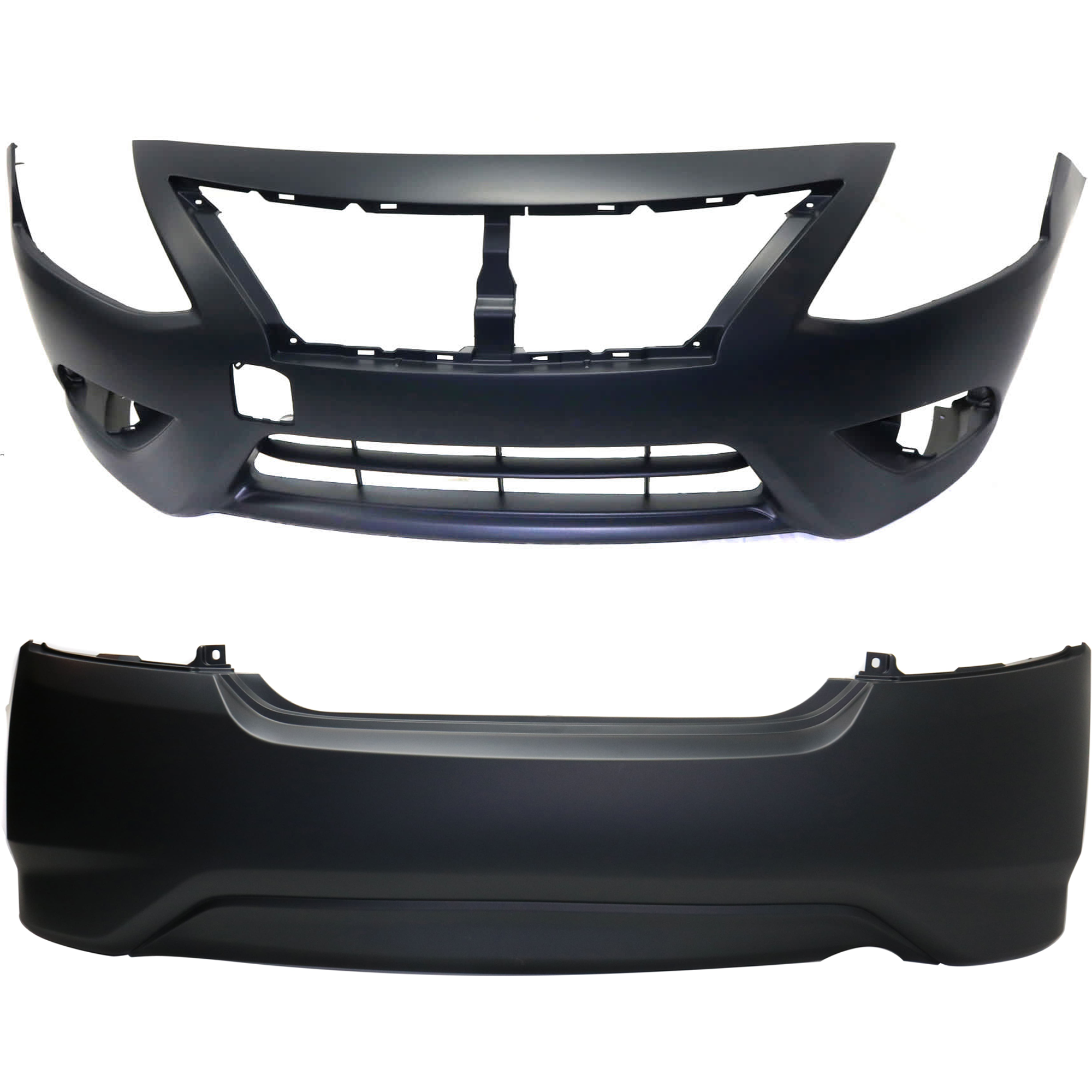 AM VERSA 15-18 FRONT AND REAR BUMPER COVER Primed w o Chrome Insert mounting bracket s and parking aid sensor holes Front w tow hook hole Rear w o tow hook hole CAPA SKU SET REPN010363PQ Partslink NI1000299C NI1100297C OEM FBM229KM0J HEM229KM0J