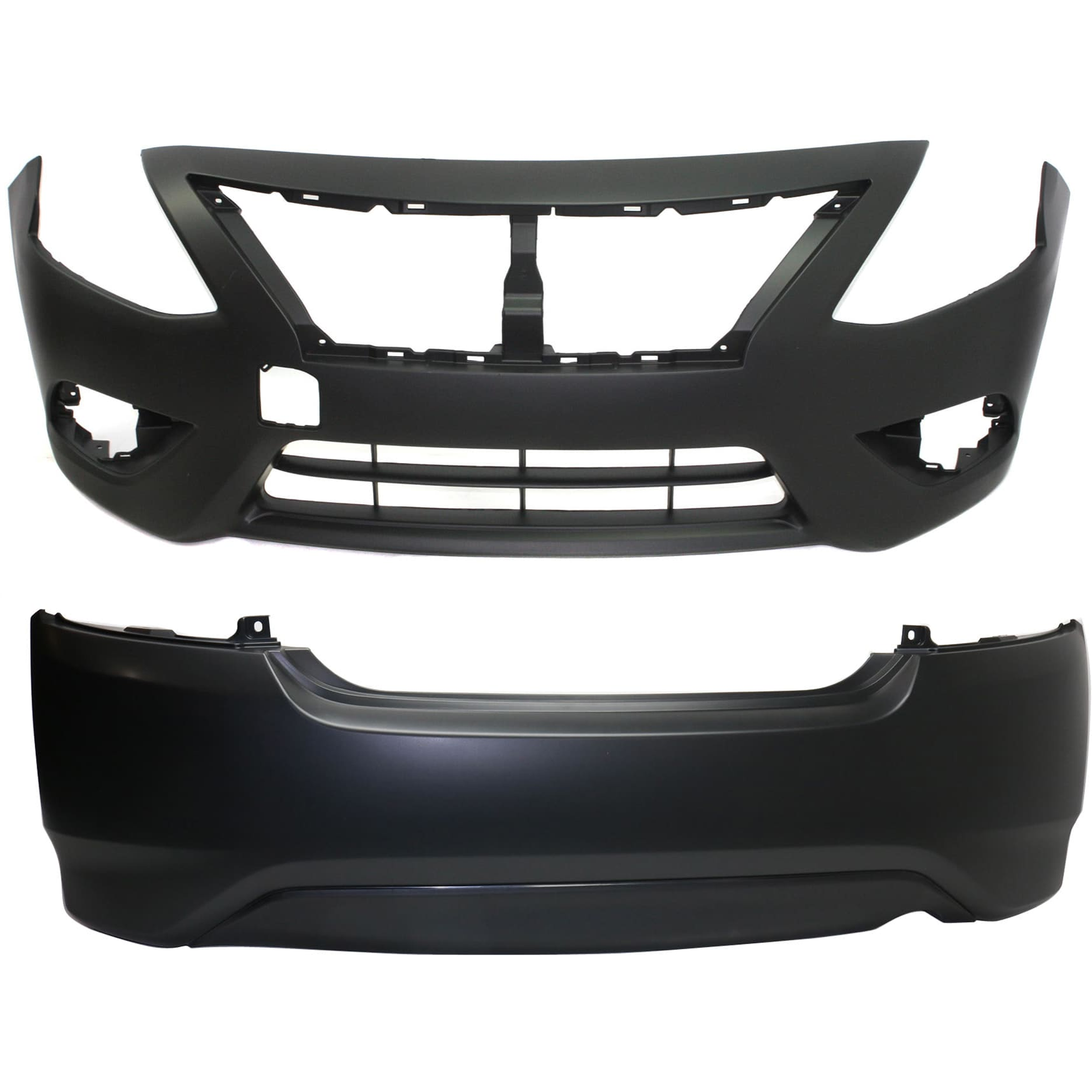 AM VERSA 15-18 FRONT AND REAR BUMPER COVER Primed w o Chrome Insert mounting bracket s and parking aid sensor holes Front w tow hook hole Rear w o tow hook hole SKU SET REPN010363P