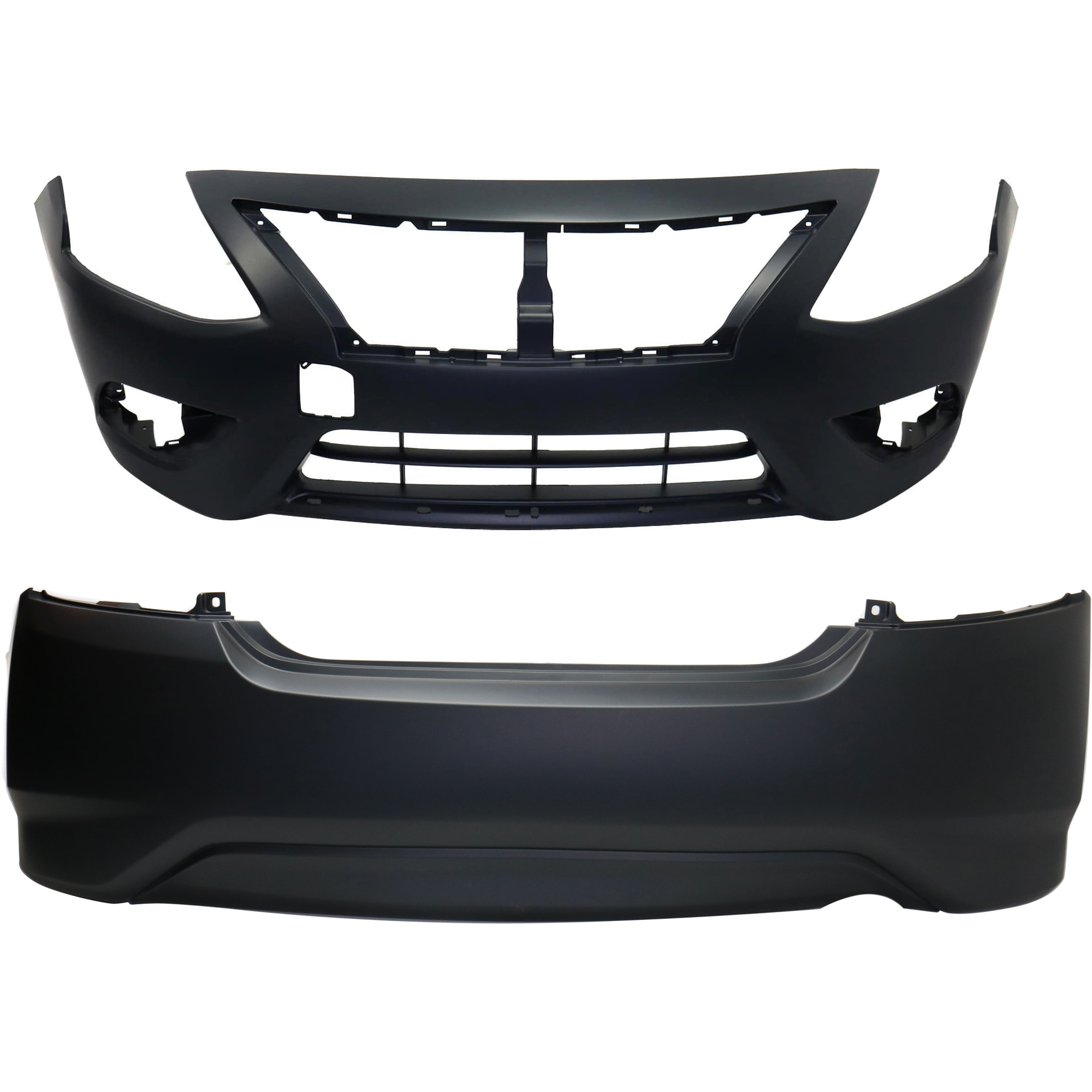 AM VERSA 15-18 FRONT AND REAR BUMPER COVER Primed w Chrome Insert w o mounting bracket s and parking aid sensor holes Front w tow hook hole Rear w o tow hook hole CAPA SKU SET REPN010364PQ Partslink NI1000300C NI1100297C OEM FBM229KM1J HEM229KM0J