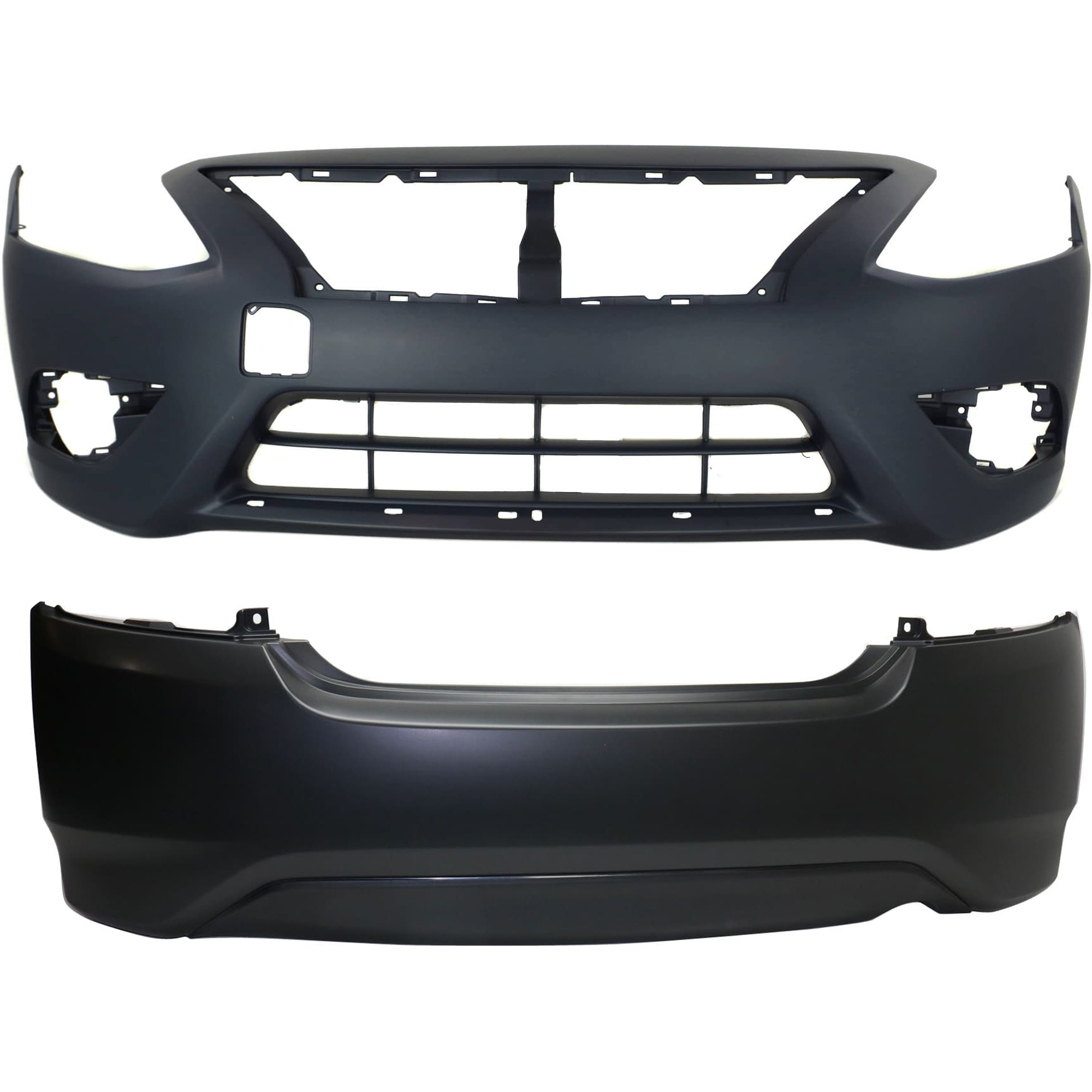 AM VERSA 15-18 FRONT AND REAR BUMPER COVER Primed w Chrome Insert w o mounting bracket s and parking aid sensor holes Front w tow hook hole Rear w o tow hook hole SKU SET REPN010364P
