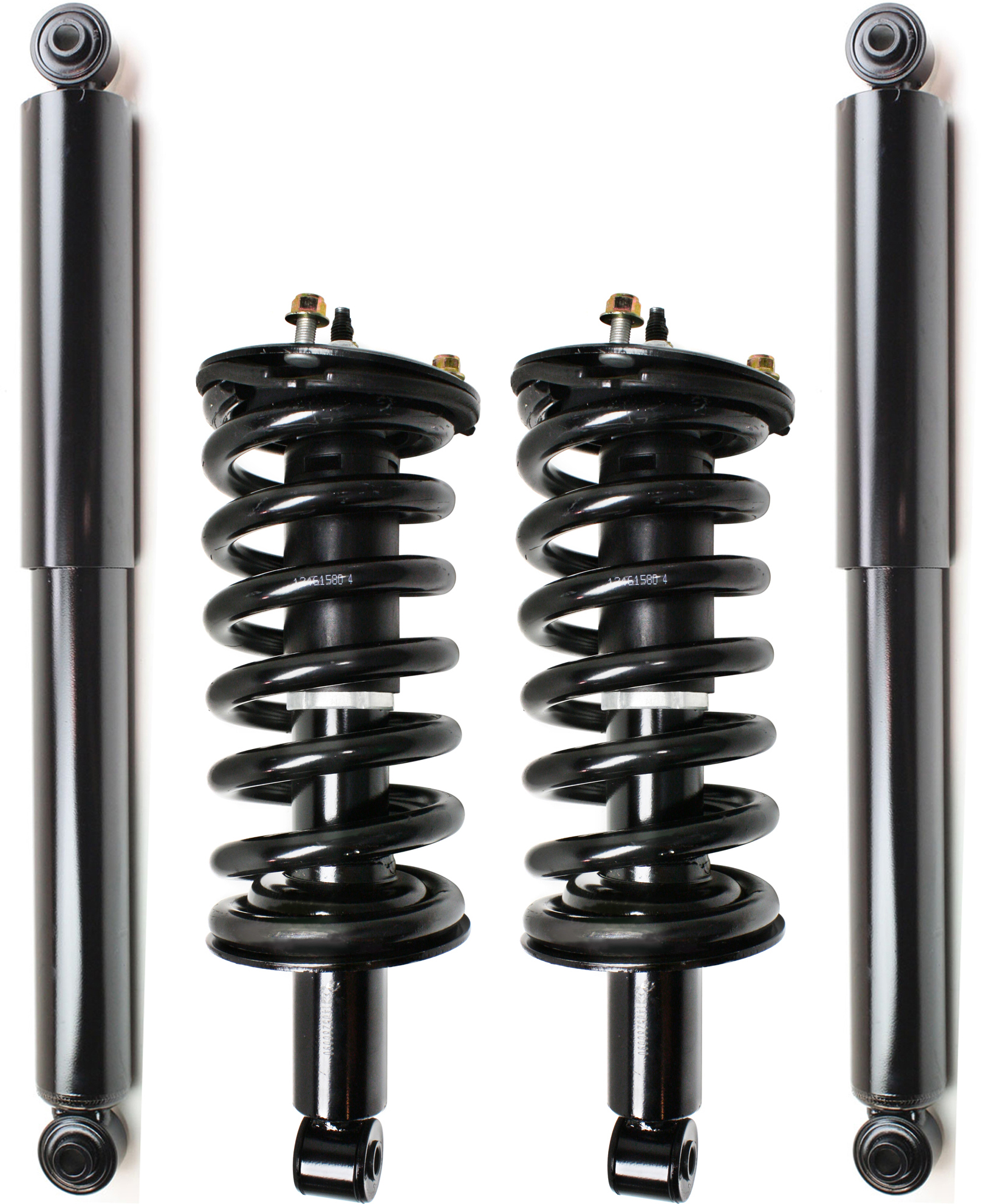 AM TITAN 04-15 FRONT AND REAR SHOCK AND FULLY LOADED STRUT RH AND LH Gas Charged Twin tube Four Wheel Drive Set of 4 SKU SET REPN280531-4 OEM 561107S326 E61109FE4B E62009FF