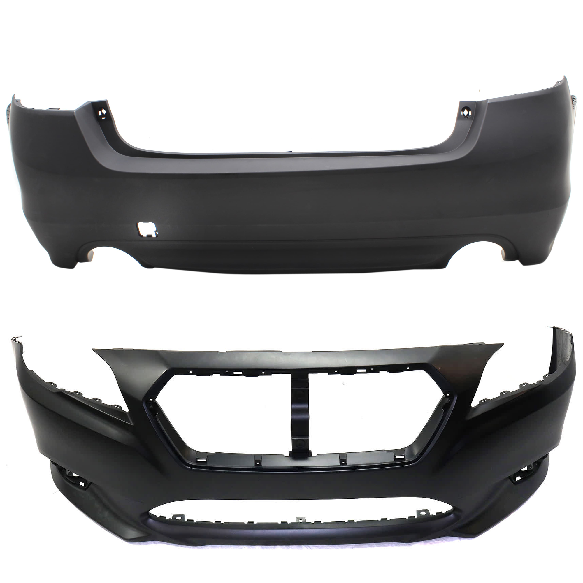 AM LEGACY 15-17 FRONT AND REAR BUMPER COVER Primed w o Parking Aid Sensor Holes CAPA SKU SET REPS010358PQ Partslink SU1000178C SU1100174C OEM 57704AL00A 57704AL10B
