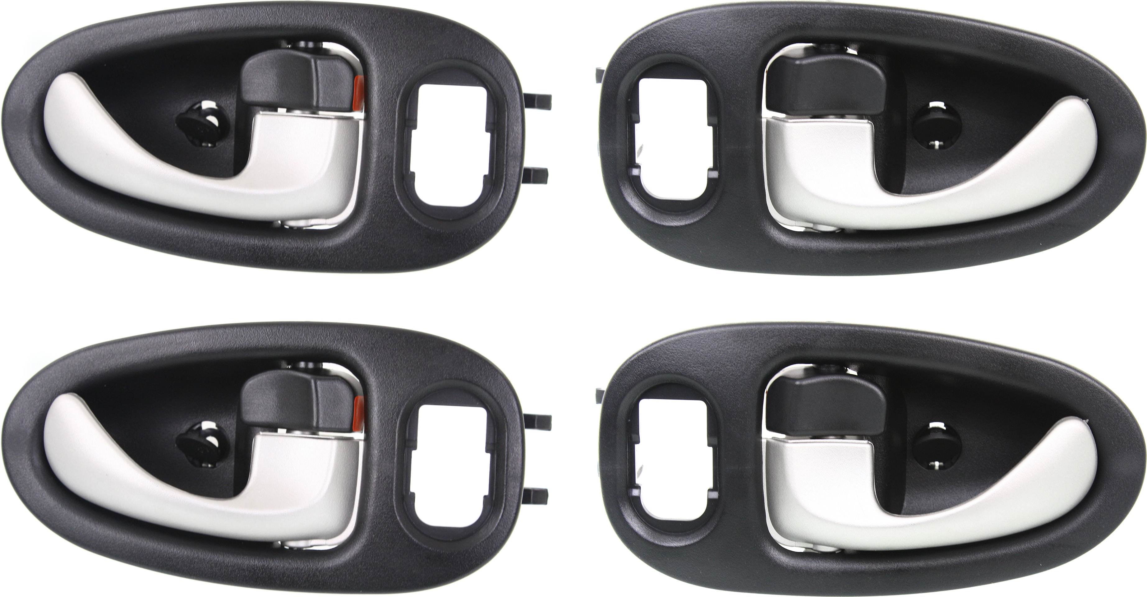 AM VUE 02-05 FRONT AND REAR DOOR HANDLE RH AND LH Set of 4 Inside Silver Lever + Black Housing Plastic SKU SET REPS462319-4 OEM 22710843-22710841