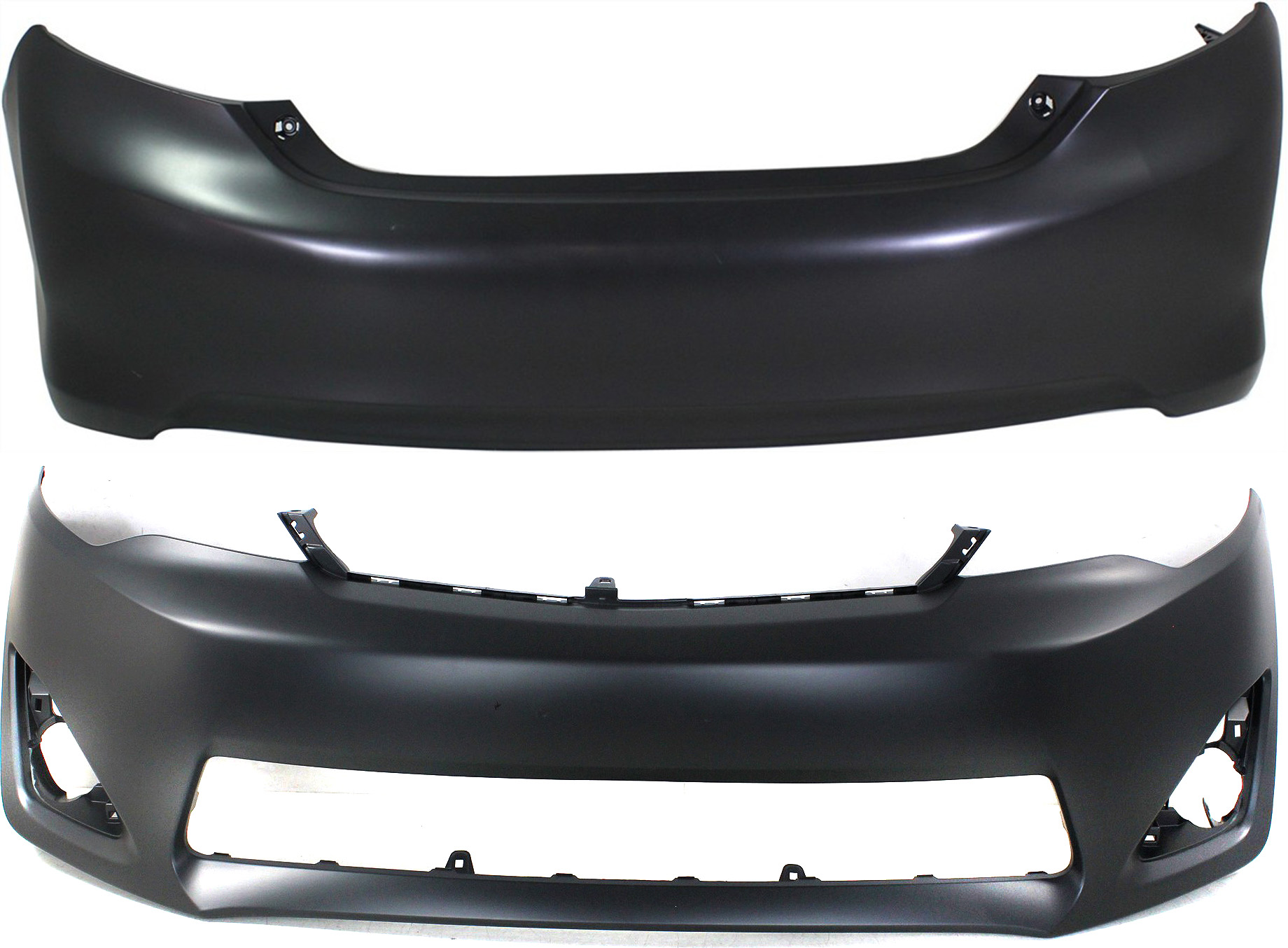 AM CAMRY 12-14 FRONT AND REAR BUMPER COVER Primed L LE XLE Hybrid Models SKU SET REPT010353P 2 Partslink TO1000378 TO1100296 OEM 5211906974-5215906961
