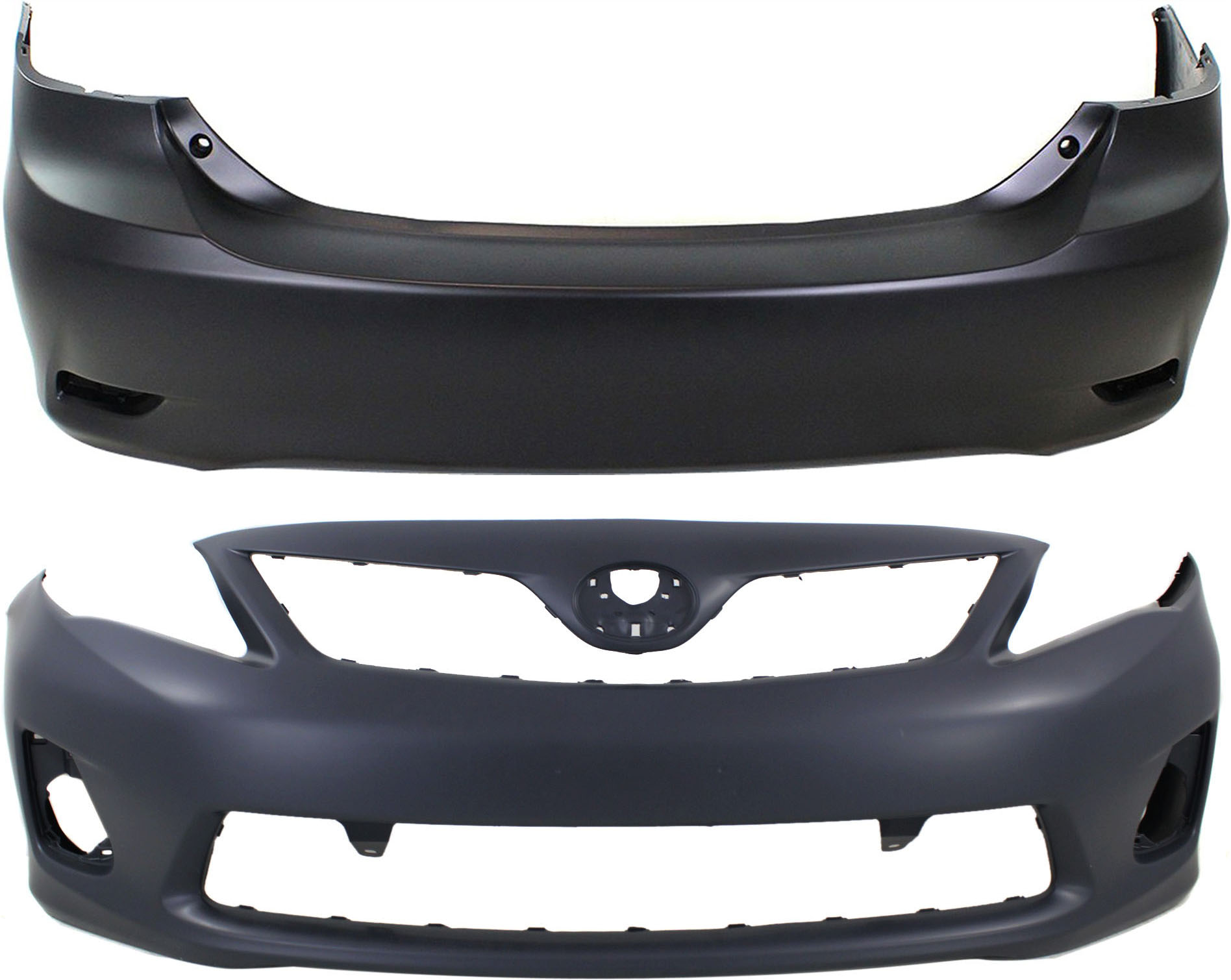 AM COROLLA 11-13 FRONT AND REAR BUMPER COVER Primed Base CE L LE Models North America Built Vehicle w o Spoiler Holes SKU SET REPT010357P 2 Partslink TO1000372 TO1100287 OEM 5211903901-5215902977
