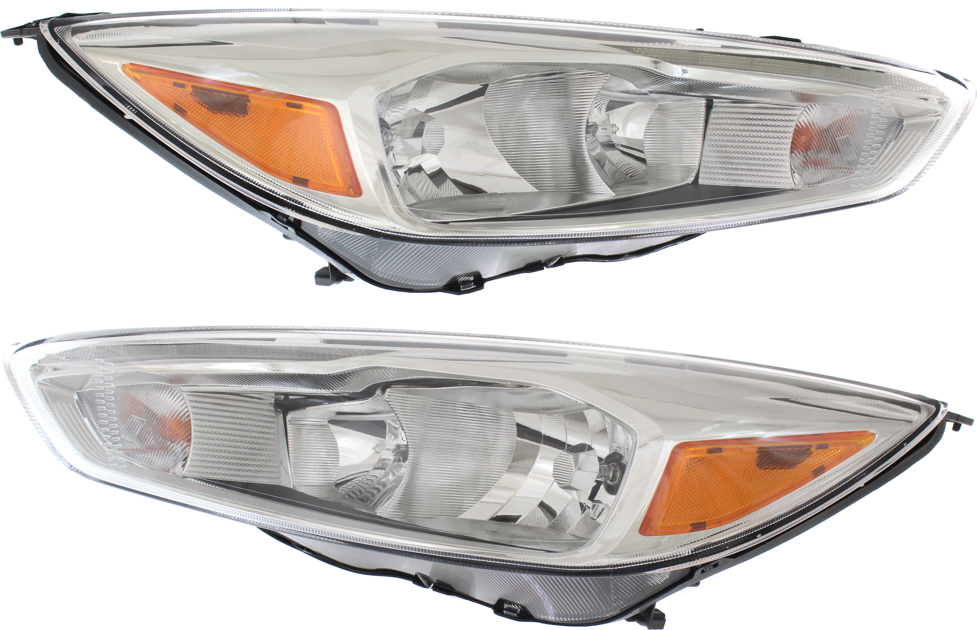 AM FOCUS 15-18 HEAD LAMP RH AND LH Assembly Halogen Titanium Models Hatchback Sedan Chrome Interior w LED Daytime Running Light SKU SET RF10010029 OEM F1EZ13008GV PFM F1EZ13008GU PF