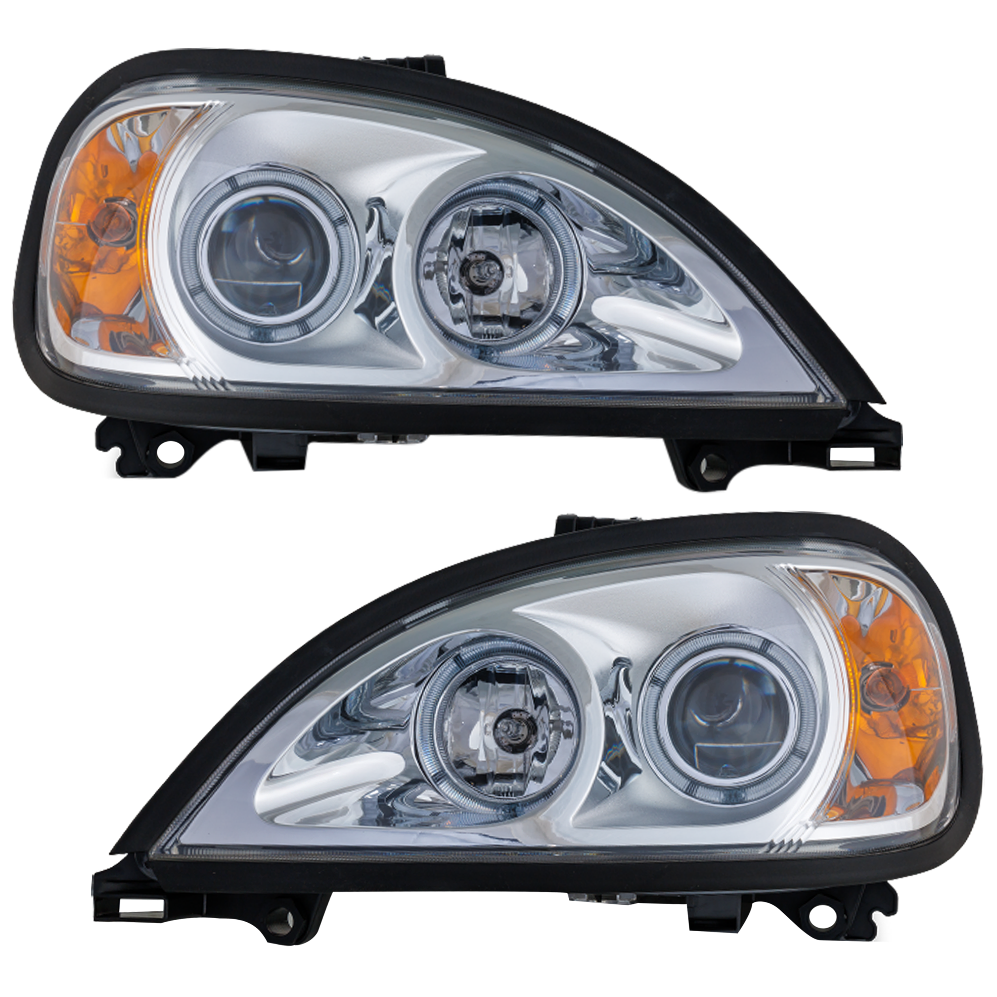 AM FREIGHTLINER COLUMBIA 00-13 PROJECTOR HEAD LAMP RH AND LH Assembly Halogen w Angel Eyes Chrome Interior SKU SET RF10200021 HD OEM Heavy Duty
