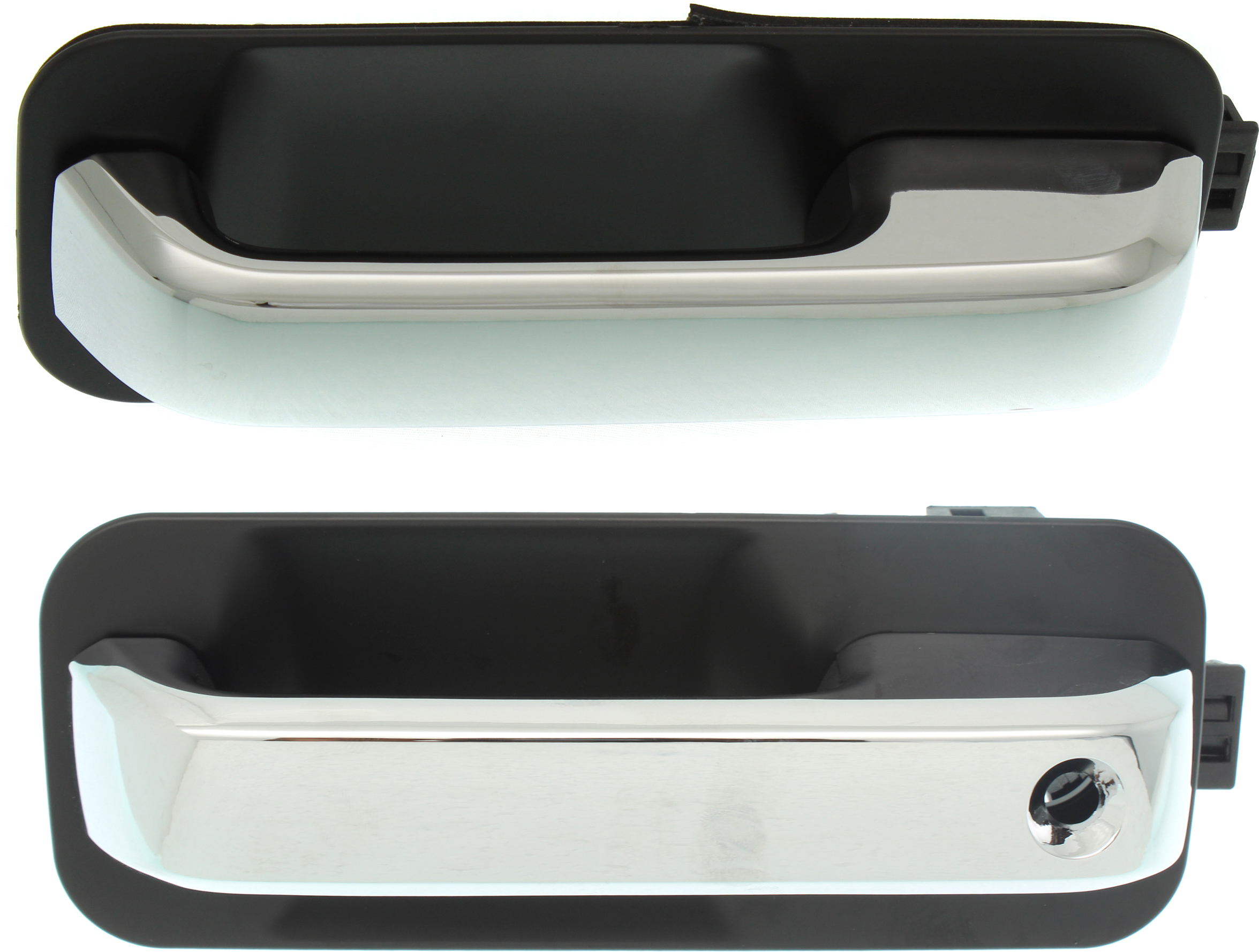 AM F 150-15-22 FRONT EXTERIOR DOOR HANDLE RH AND LH Chrome Lever Black Housing RH w o Keyhole LH w Keyhole Exc. Raptor Model SKU SET RF46210003K OEM FL3Z1522404DBPTM FL3Z1522405FA