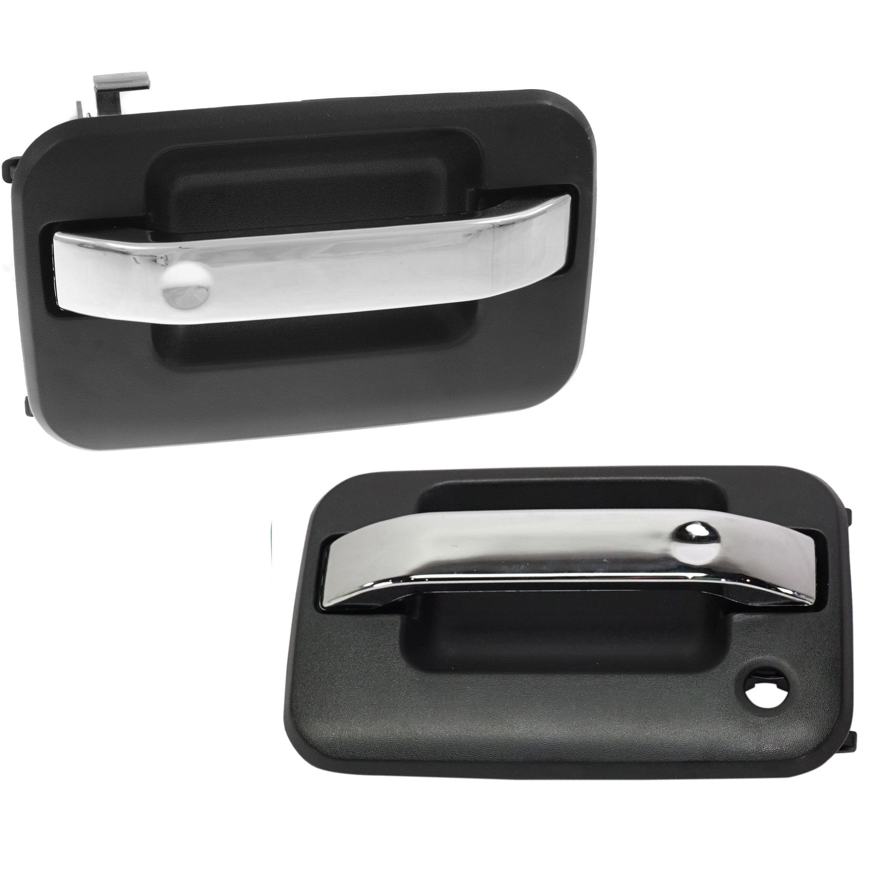 AM F 150-09-22 FRONT EXTERIOR DOOR HANDLE RH AND LH Chrome Lever Textured Black Housing RH w o Keyhole LH w Keyhole w o Keypad Hole w Metal Connector SKU SET RF46210043K OEM 9L3Z1522404AA 9L3Z1626604AA 9L