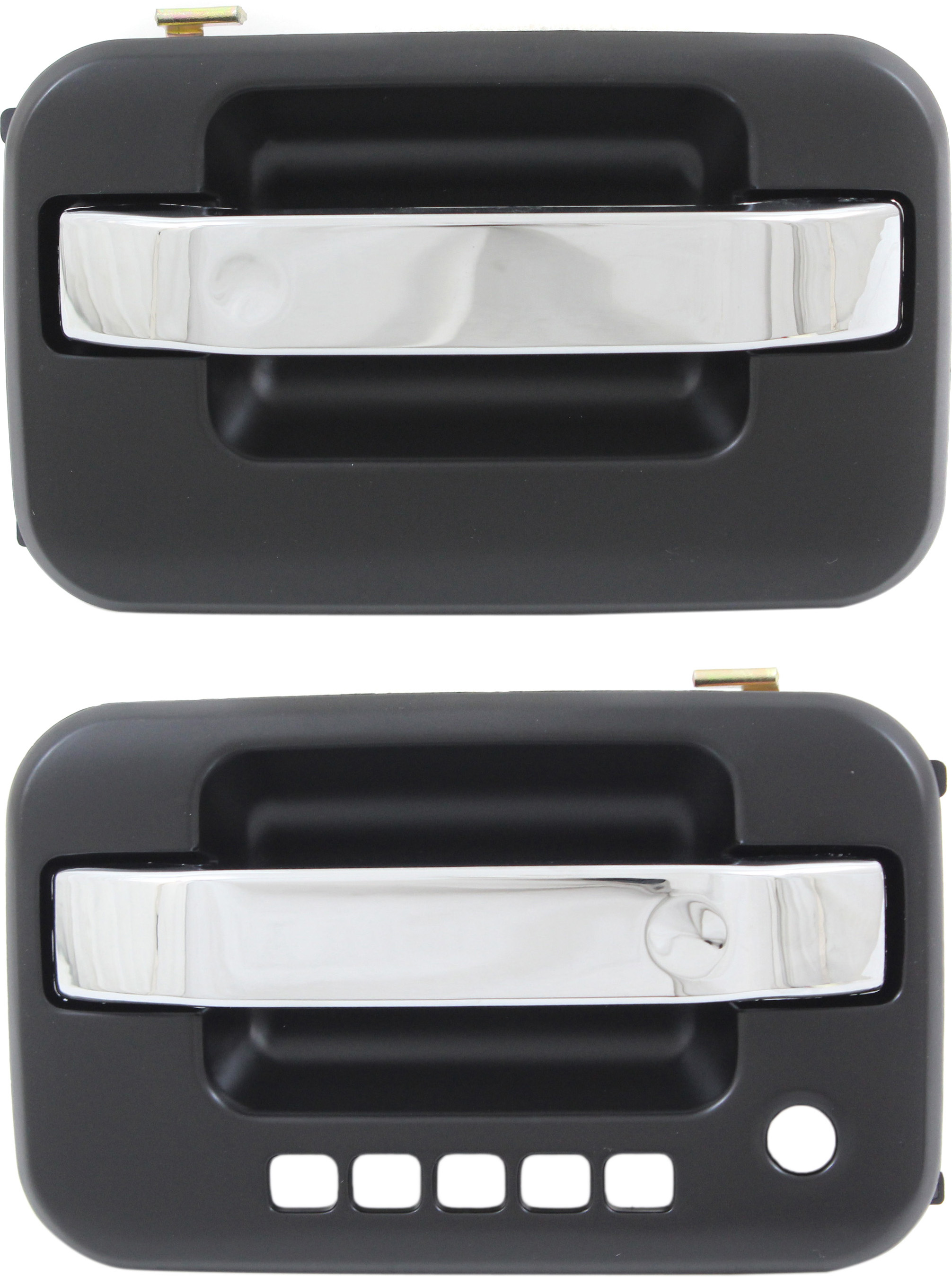 AM F 150-09-22 FRONT EXTERIOR DOOR HANDLE RH AND LH Chrome Lever Primed Housing RH w o Keyhole LH w Keyhole and Keypad Hole w Metal Connector SKU SET RF46210045K OEM 9L3Z1522405DG CL3Z1626604DR CL