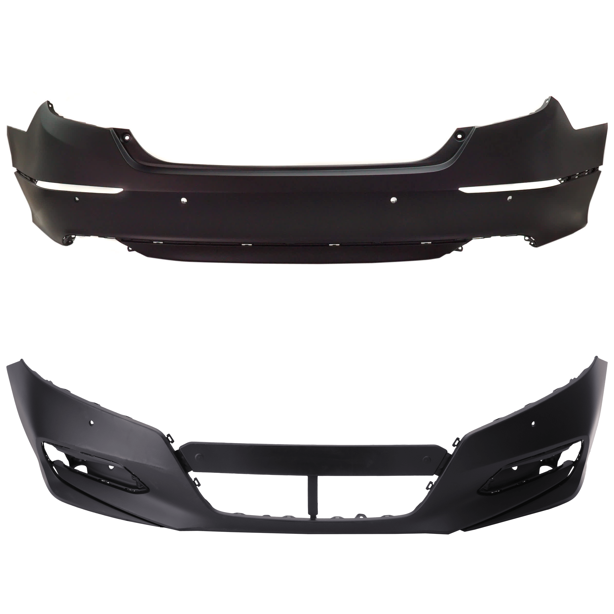 AM ACCORD 18-20 FRONT AND REAR BUMPER COVER Primed w Parking Aid Sensor Holes CAPA SKU SET RH01030016Q Partslink HO1000315C HO1100312C OEM 04711TVAA11ZZ 04715TVAA61ZZ