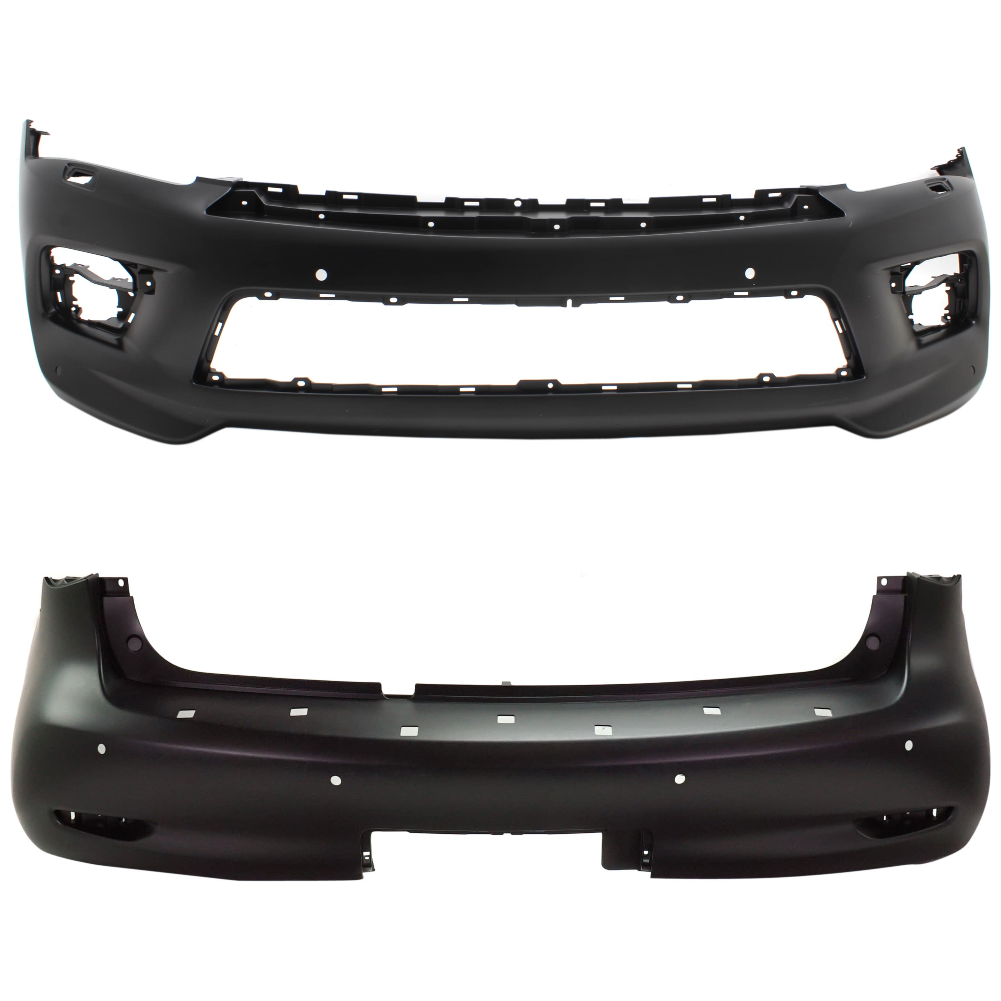 AM QX80-15-17 FRONT AND REAR BUMPER COVER Primed w Parking Aid Sensor Holes w Collision Warning SKU SET RI01030002 Partslink IN1000264 IN1100160 OEM 620225ZA1H 850225ZA0H