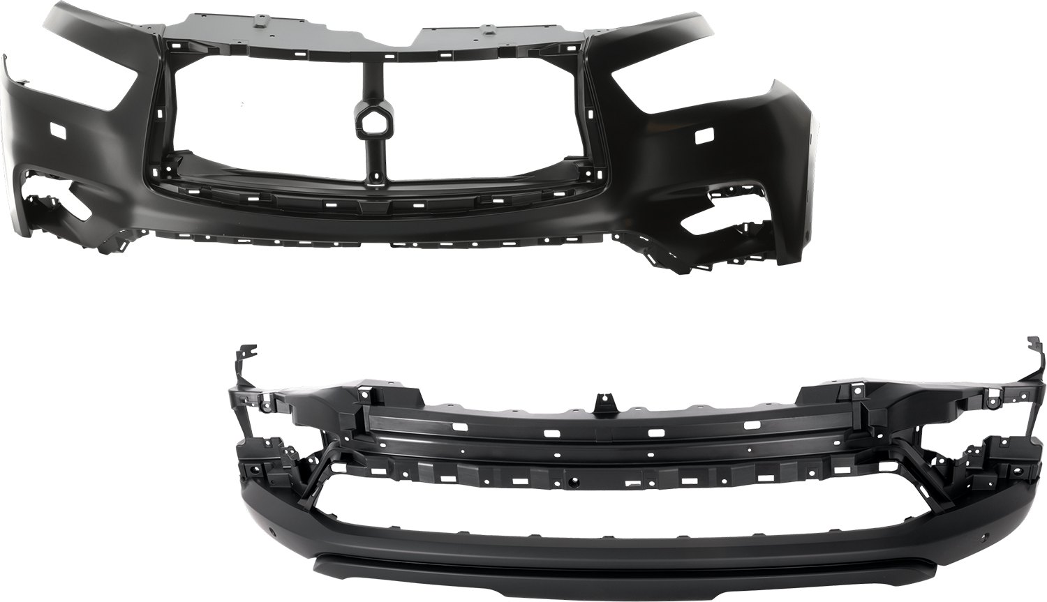 AM QX80-18-23 FRONT BUMPER COVER Upper and Lower Primed w Headlight Washer Holes SKU SET RI01030029P Partslink IN1014101 IN1015102 OEM 620226GW1H 620266GW0H