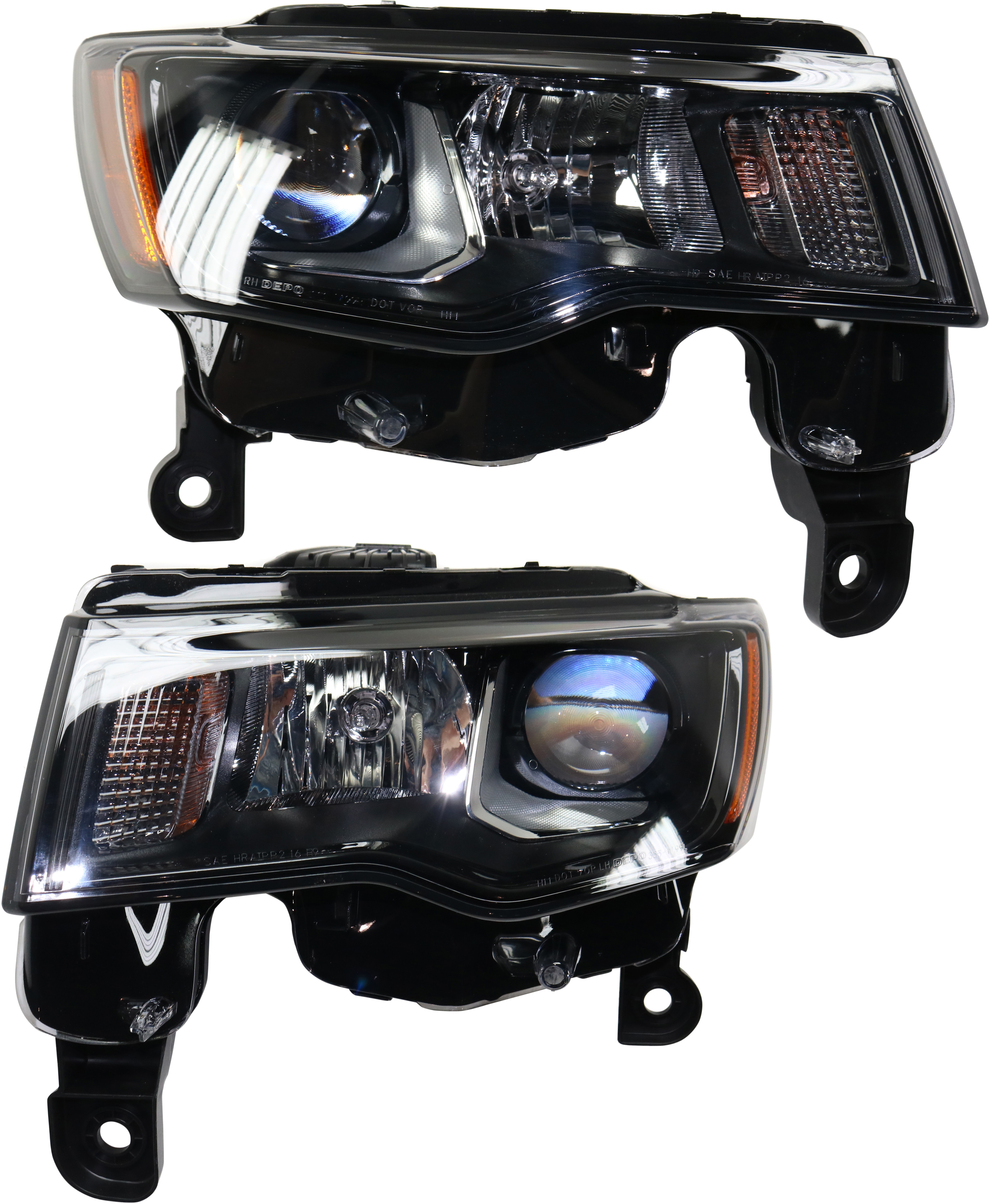 AM GRAND CHEROKEE WK 17-22 HEAD LAMP RH AND LH Assembly Halogen Black Trim Standard Type CAPA SKU SET RJ10010007Q Partslink CH2502309C CH2503309C OEM 68266647AE 68266646AE