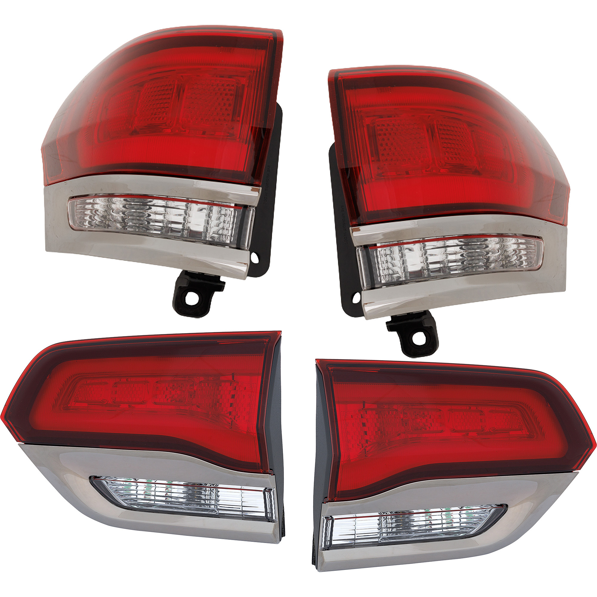 AM GRAND CHEROKEE 14-21 TAIL LAMP RH AND LH Inner and Outer Assembly Halogen Laredo Limited Overland Summit Models w Silver Trim w o Platinum Insert SKU SET RJ73010029-4 A Partslink CH2802114 CH2803114 CH2804118 CH2805118 OEM 68289996AA 68289997AA 68289998