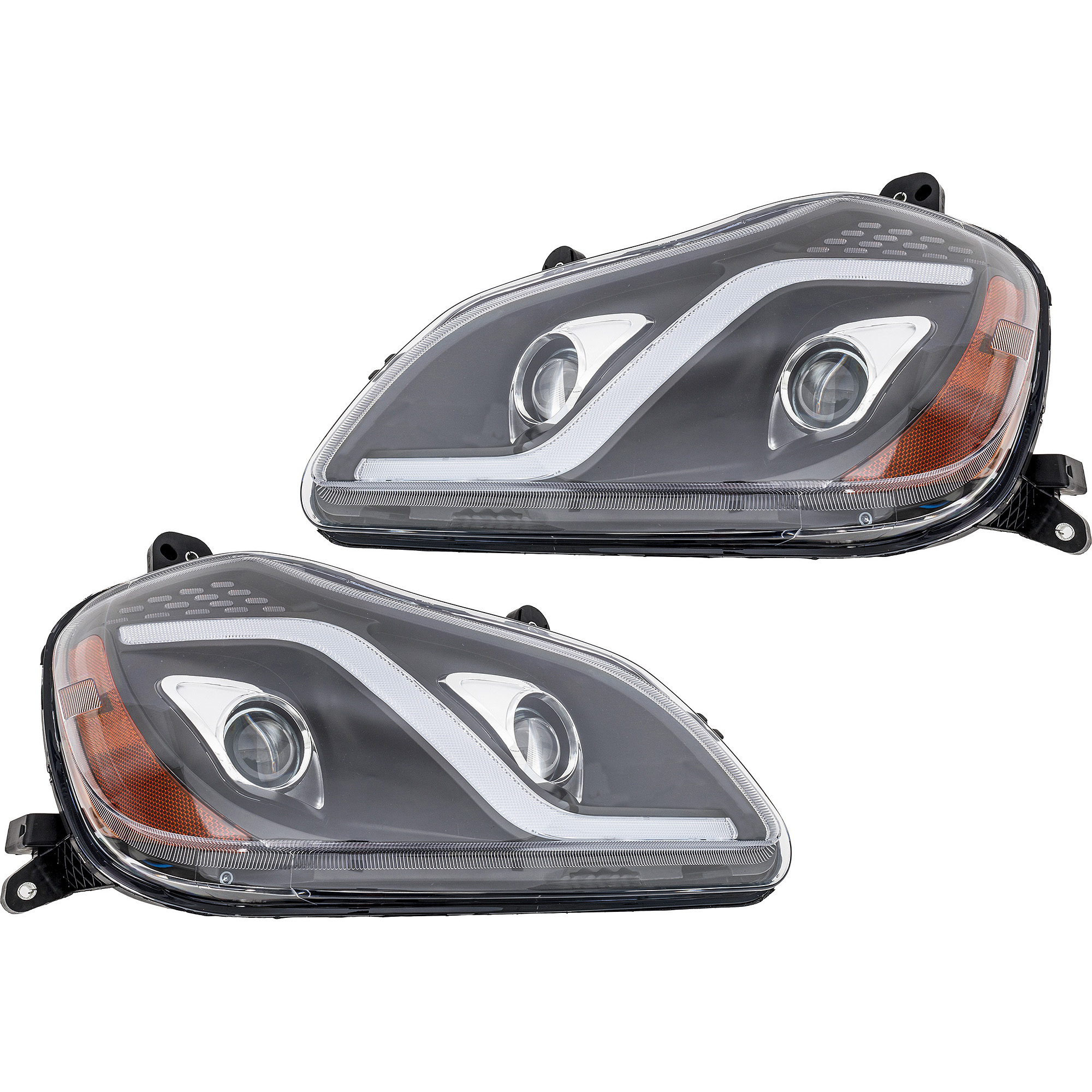 AM T680 HD TRUCK 13-22 HEAD LAMP RH AND LH Assembly LED Performance w Long Black LED Strip 12V SKU SET RK10010081A HD OEM P54610310000 P54610310000R