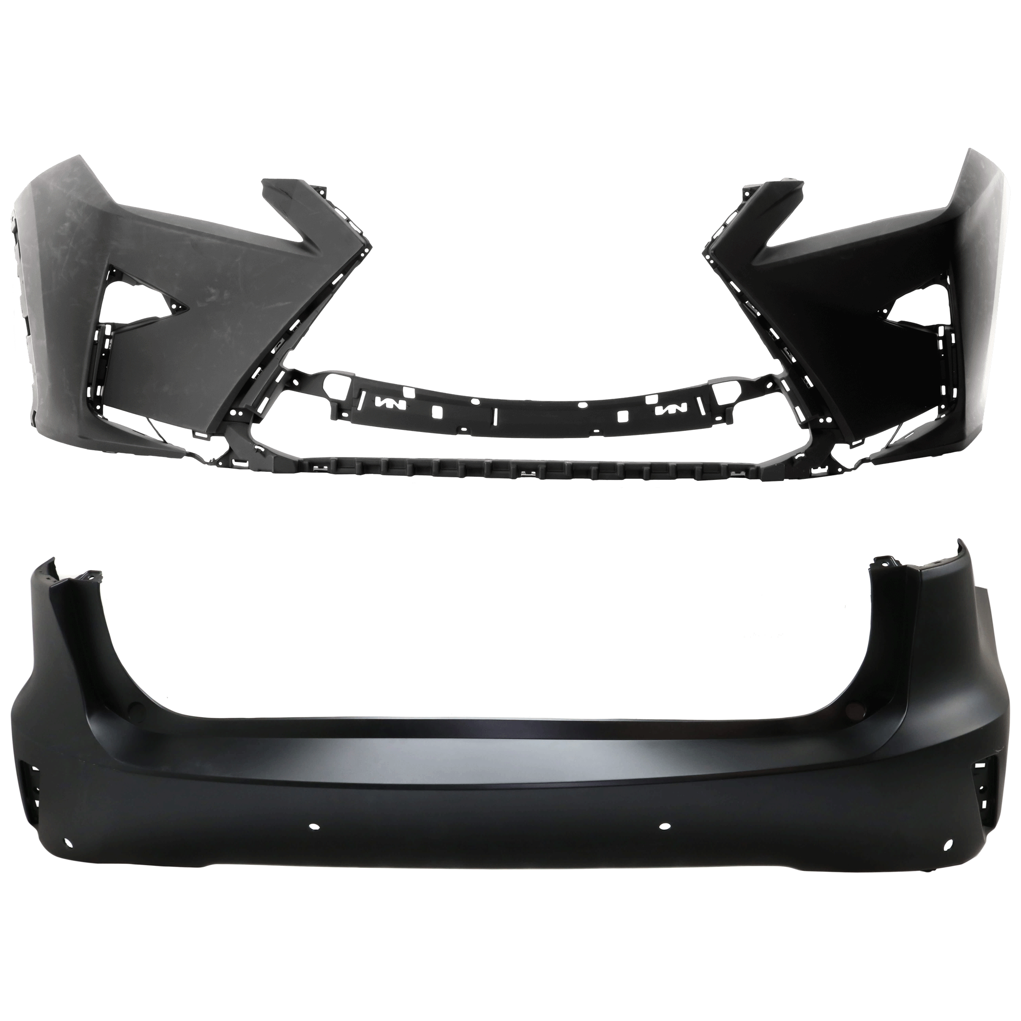 AM RX350 RX450H 16-19 FRONT AND REAR BUMPER COVER Primed w o HLW Holes and tow hook hole Front w o parking aid sensor holes Rear w parking aid sensor holes CAPA SKU SET RL01030007PQ A Partslink LX1000313C LX1100195C OEM 521190E933-521590E915-521590E9
