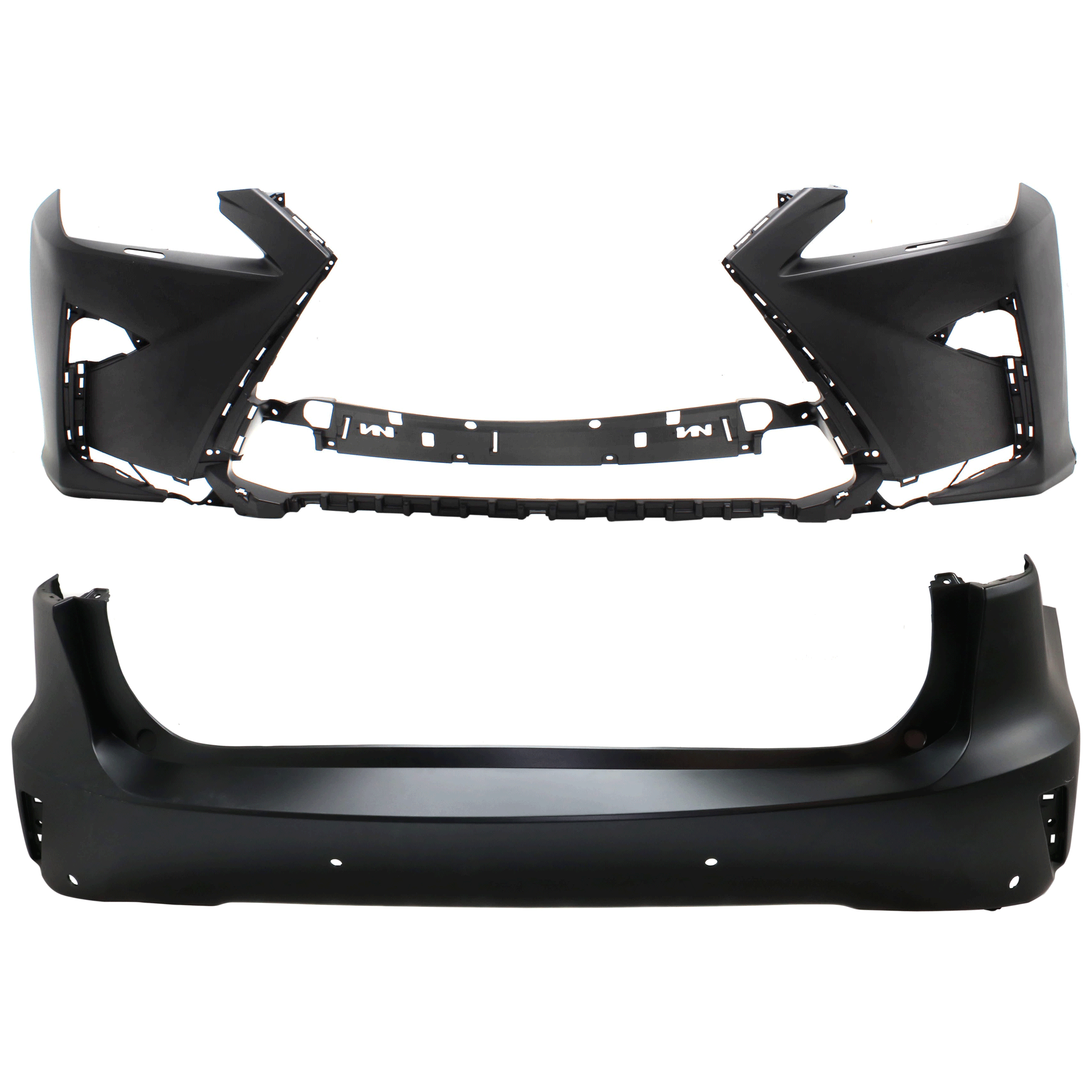 AM RX350 RX450H 16-19 FRONT AND REAR BUMPER COVER Primed w HLW Holes w o tow hook hole Front w o parking aid sensor holes Rear w parking aid sensor holes CAPA SKU SET RL01030017PQ A Partslink LX1000315C LX1100195C OEM 521190E935-521590E915-521590E9