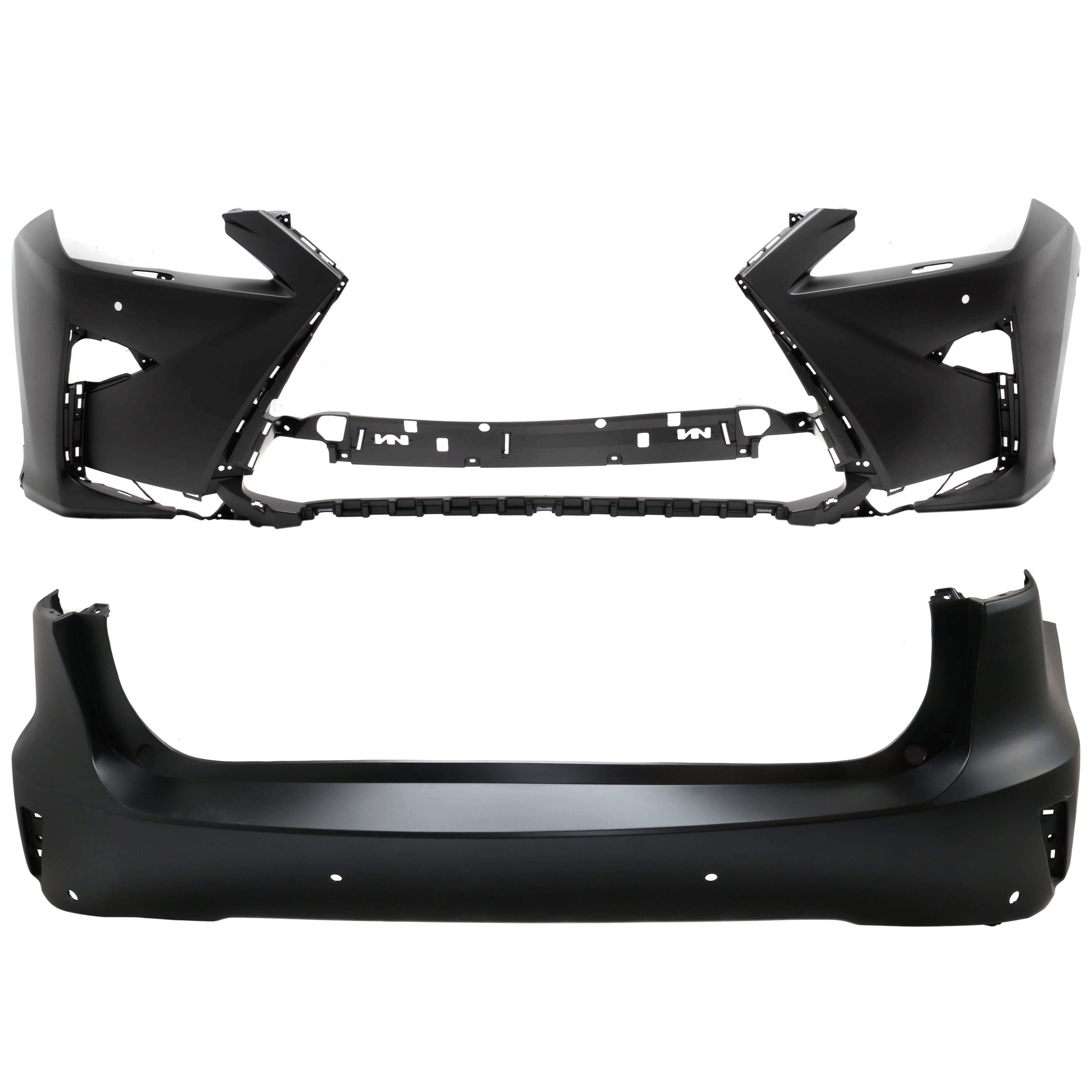 AM RX350 RX450H 16-19 FRONT AND REAR BUMPER COVER Primed w HLW Holes w o tow hook hole w parking aid sensor holes CAPA SKU SET RL01030018PQ A Partslink LX1000316C LX1100195C OEM 521190E936-521590E915-521590E9