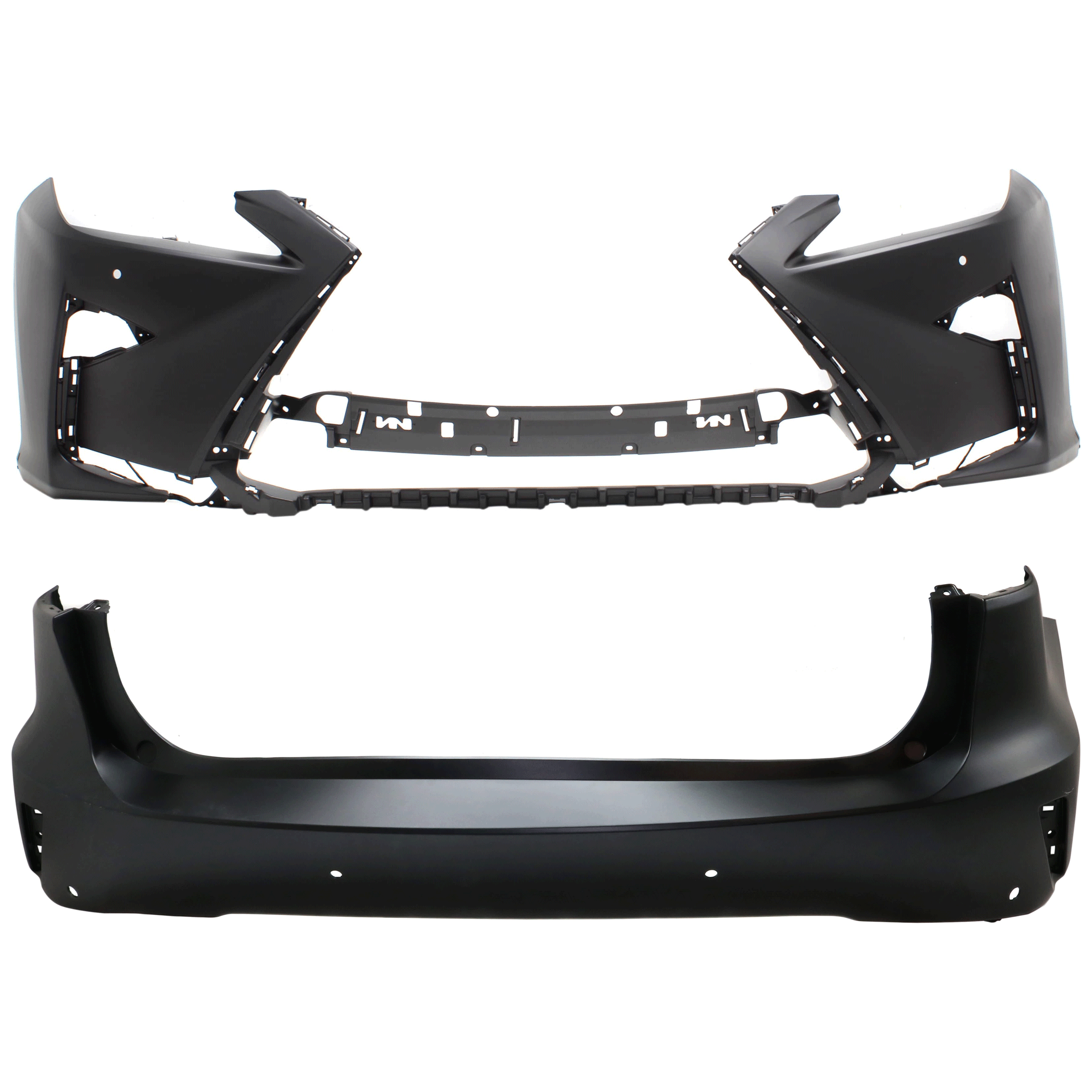 AM RX350 RX450H 16-19 FRONT AND REAR BUMPER COVER Primed w o HLW Holes w o tow hook hole w parking aid sensor holes CAPA SKU SET RL01030019PQ A Partslink LX1000314C LX1100195C OEM 521190E934-521590E915-521590E9