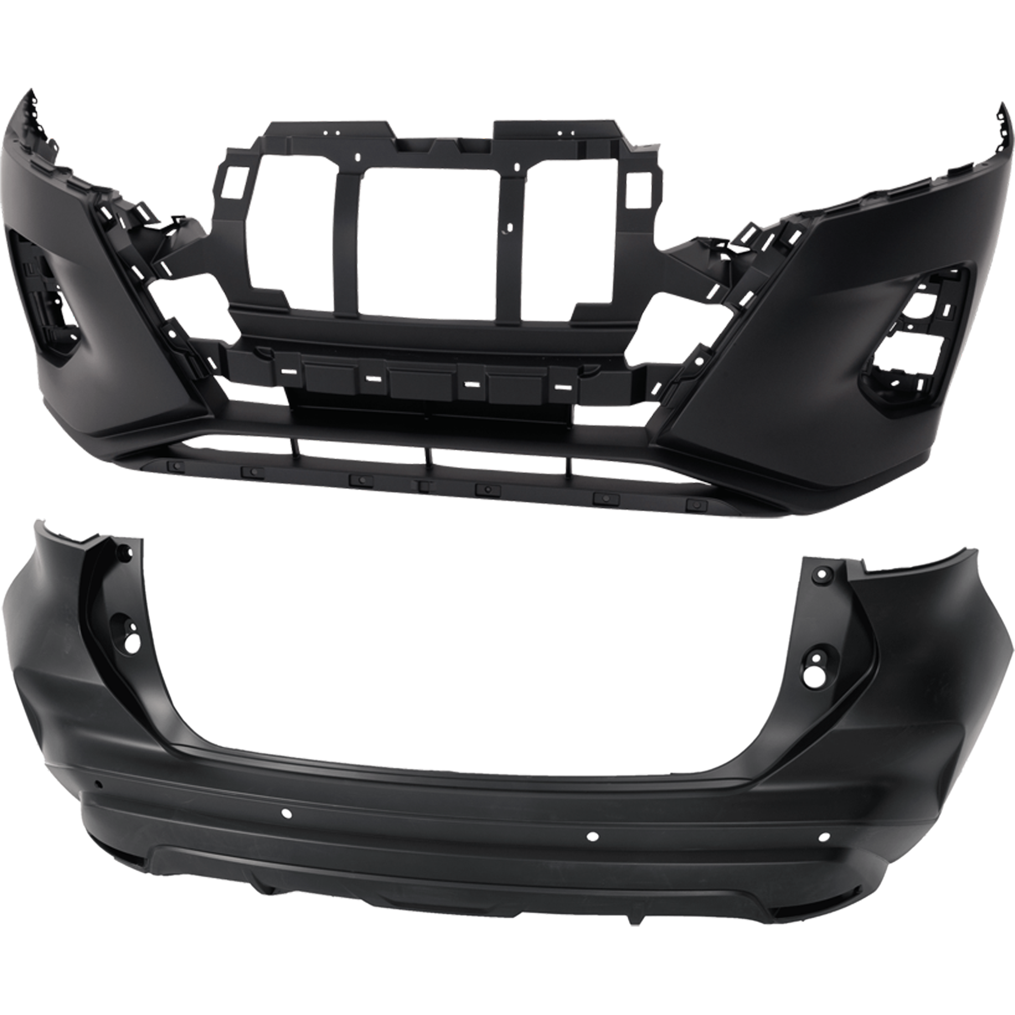 AM KICKS 21-23 FRONT AND REAR BUMPER COVER Primed w Parking Aid Sensor Hole CAPA SKU SET RN01030049PQ A Partslink NI1000338C NI1100346C OEM 620225R00J 850225R01J